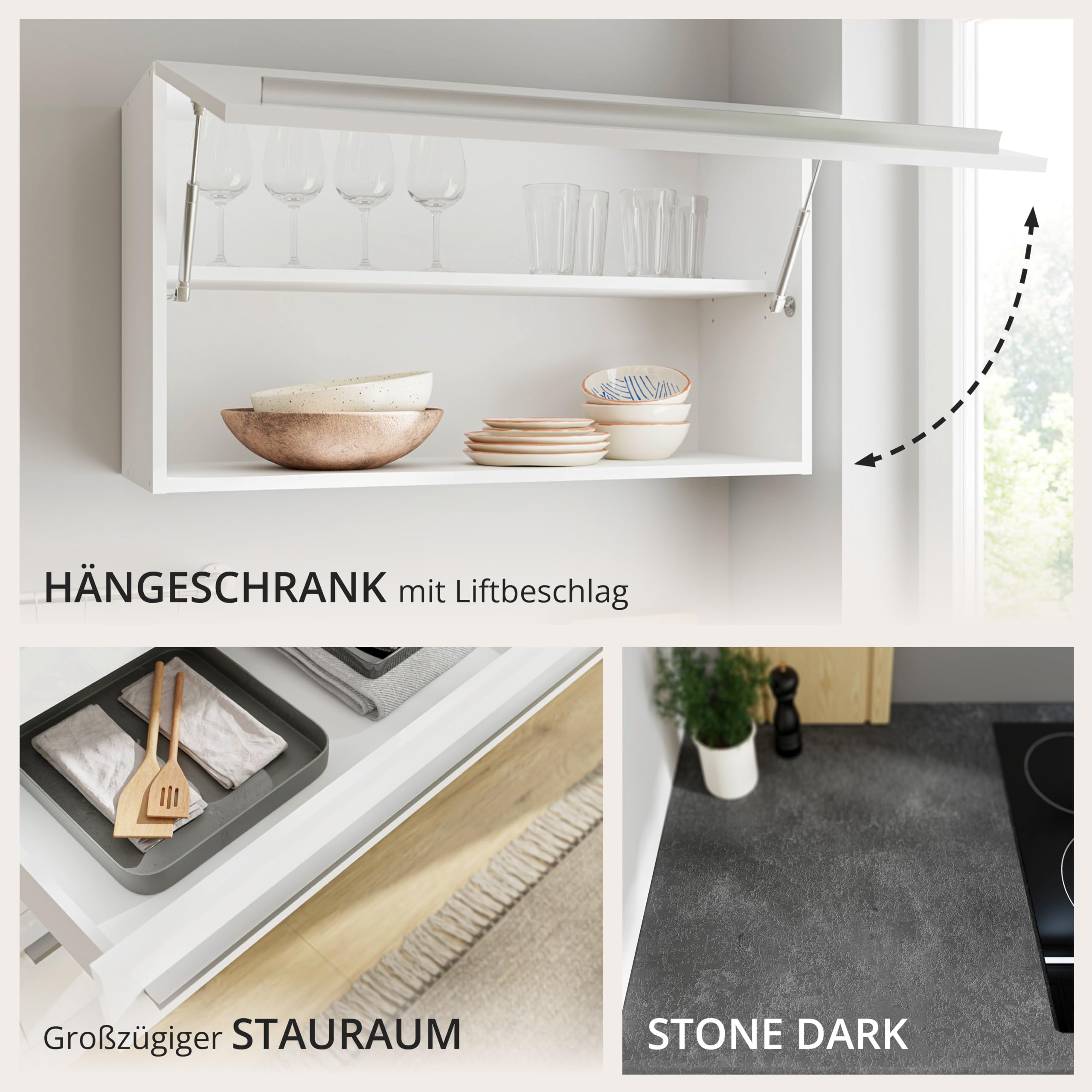 Jazz 6 Moderne Eckküche ohne Elektrogeräte in Weiß Hochglanz, Metallic Grau - Geräumige Küchenzeile in L-Form mit viel Stauraum - 260 x 200 x 60 cm (B/H/T) | 260 x 200 x 60 cm (B/H/T), geräumige Küchenzeile ohne Elektrogeräte, Stauraum, Griffe Metalloptik