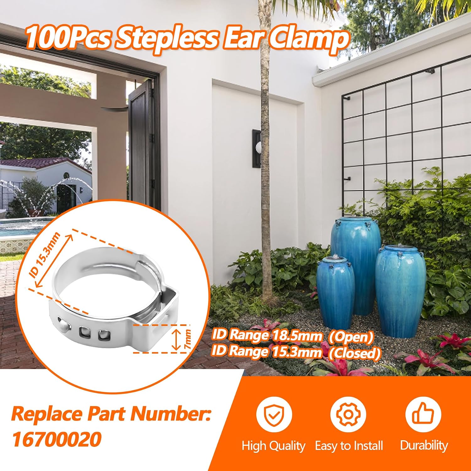 100Pcs 16700020 Stepless Ear Clamp Single Ear Hose Clamp | Fit for Hoses Electrical Conduits
