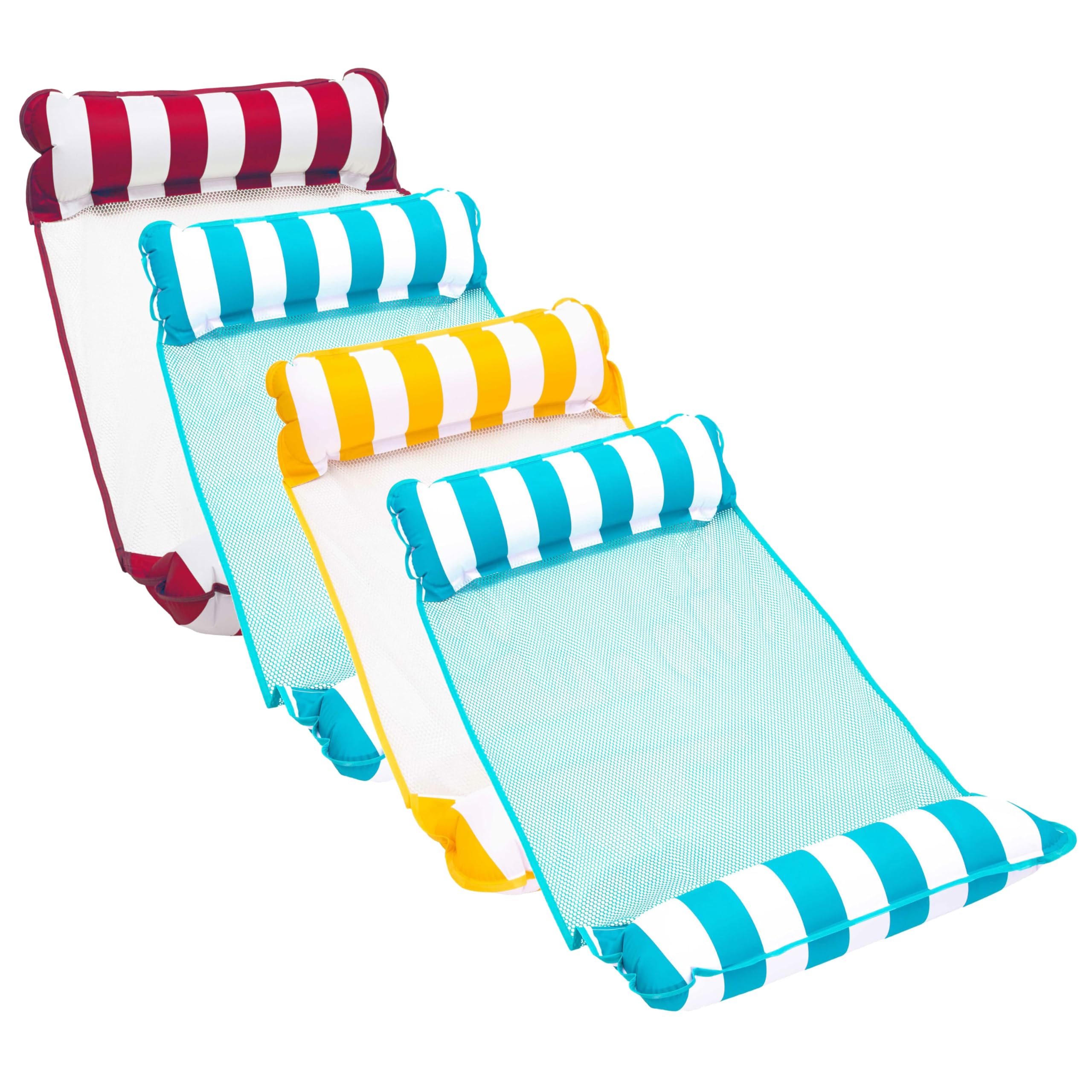 AQUA Monterey Hammock Pool Float - Four Pack - Two Light Blue, One Golden Sunshine & Burgundy/White Stripe, 4-Pack