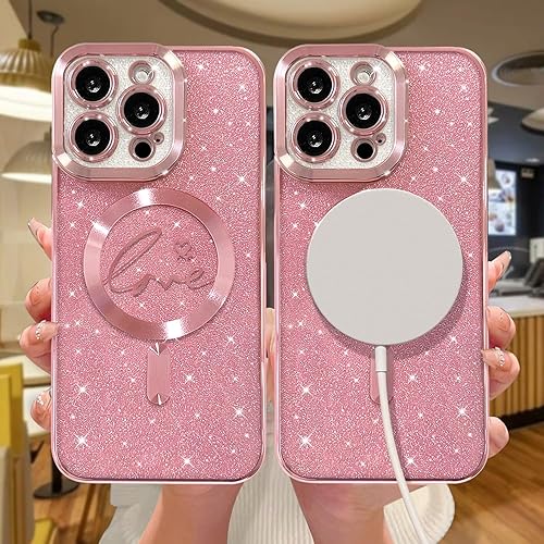 Miniatura 5 de Funda magnética compatible con iPhone 15 Pro Max, para mujeres y niñas, suave, linda, de lujo, con diseño de corazón chapado en purpurina,