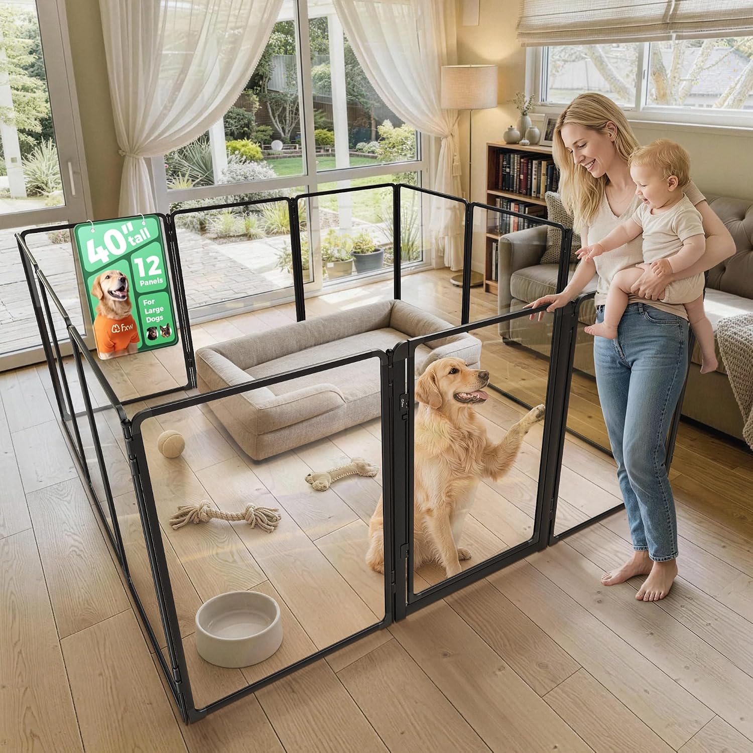 FXW AuraSpace Pro Acrylic Indoor Dog Playpen, Heavy-Duty with Metal Frame, 24" Height 2 Panels for Puppies & Small Dogs, Black│Patented