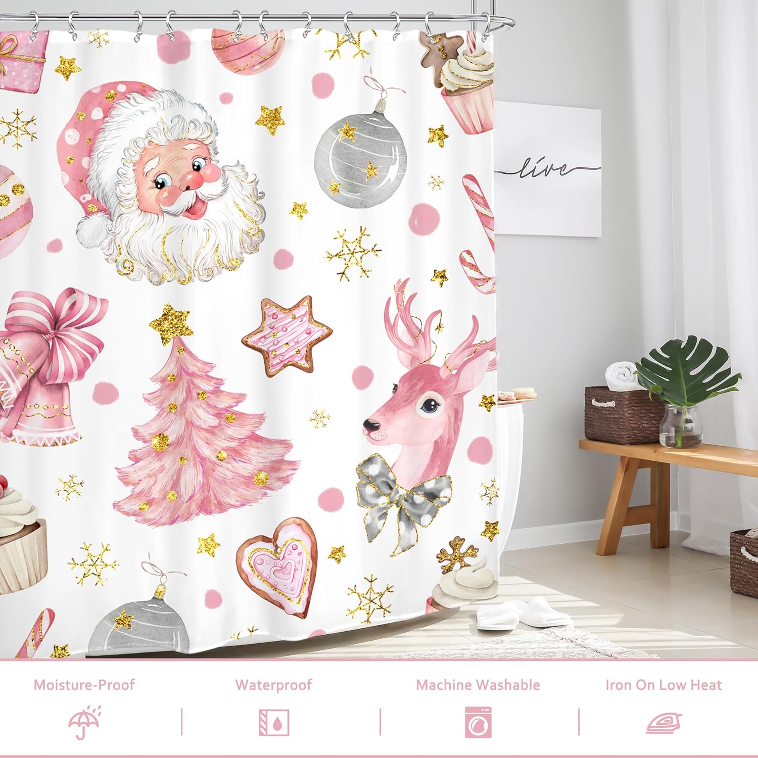 Glawry Merry Christmas Shower Curtain Pink Xmas Santa Claus Tree Reindeer Snowflake Cute Winter Holiday Happy New Year Bathroom Girl 60Wx72L Inches Bath Accessories Art Home Decor Fabric 12 Pack Hooks