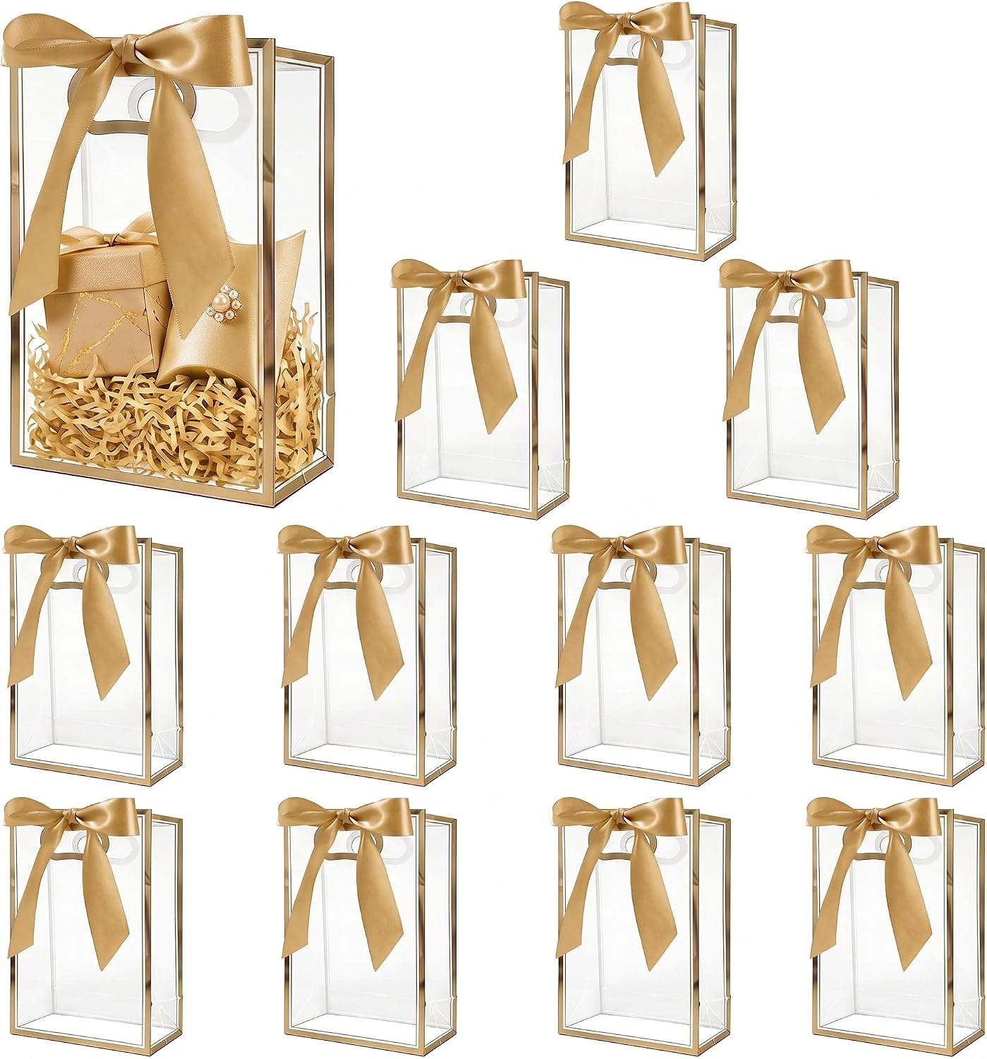 NICOCOTE 12 pcs Clear Gift Bags with Handle, Reusable Bags 10.2 x 7.1 x 3.1 Inch with Ribbon for Bridal Wedding Birthday Valentine's Day (gold)