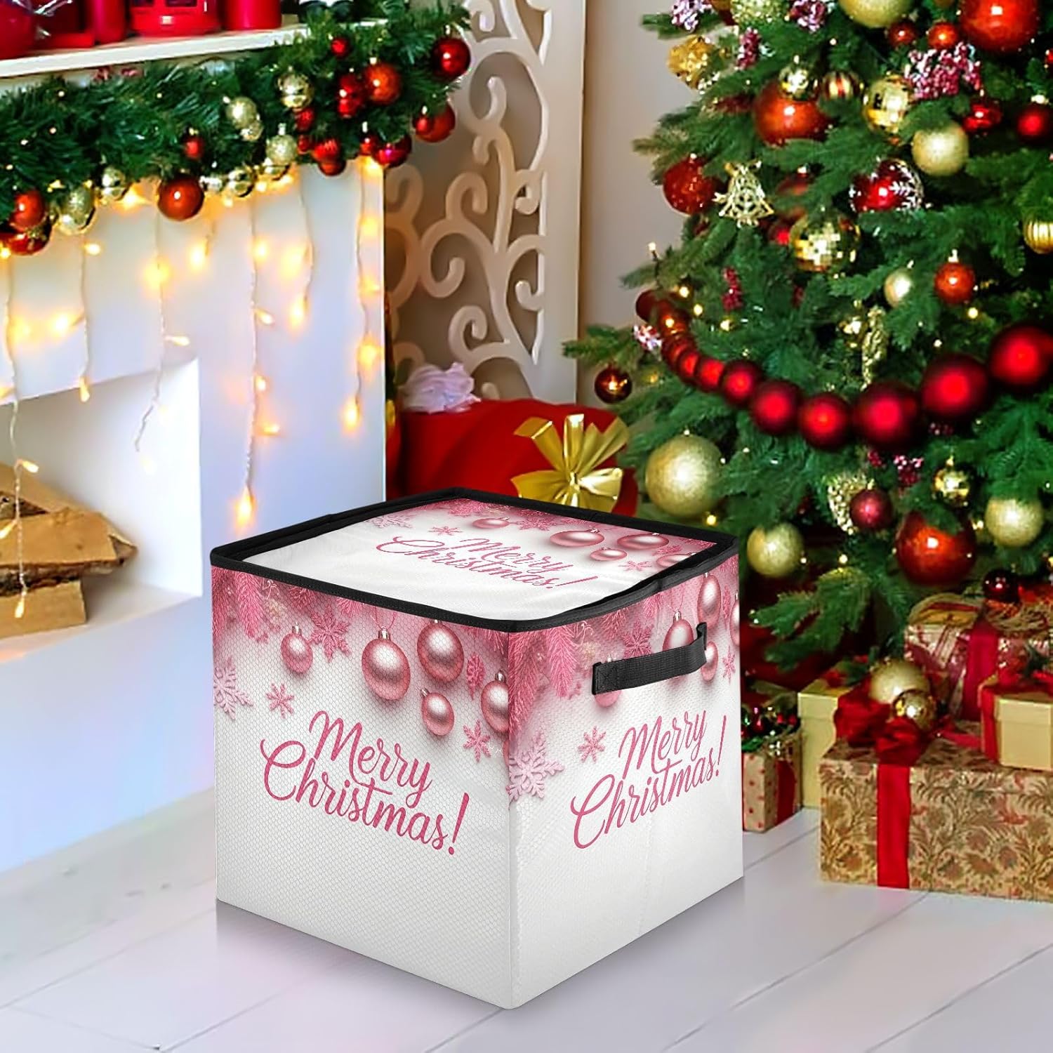 Merry Christmas Pink Christmas Ornament Storage Box with Dividers, Holds up to 64-3" Holiday Ornaments, Collapsible Xmas Decoration Container with Lid & Handles, 13x13 Inch