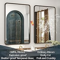 Vista 4 de OKPAL 16x24 Espejo de baño de bronce, espejo de marco de bronce rectangular redondeado, espejo de tocador de baño de bronce cepillado para montar