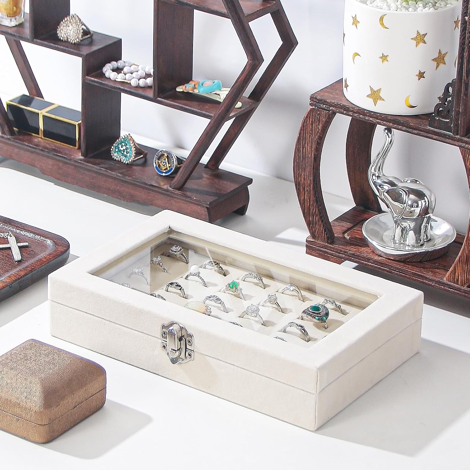 Julysky Rings Organizer Tray, Velvet Jewelry Ring Storage Box with Transparent lid Jewelry Ring Box,Jewelry Display Case (Beige, 30 Slots)