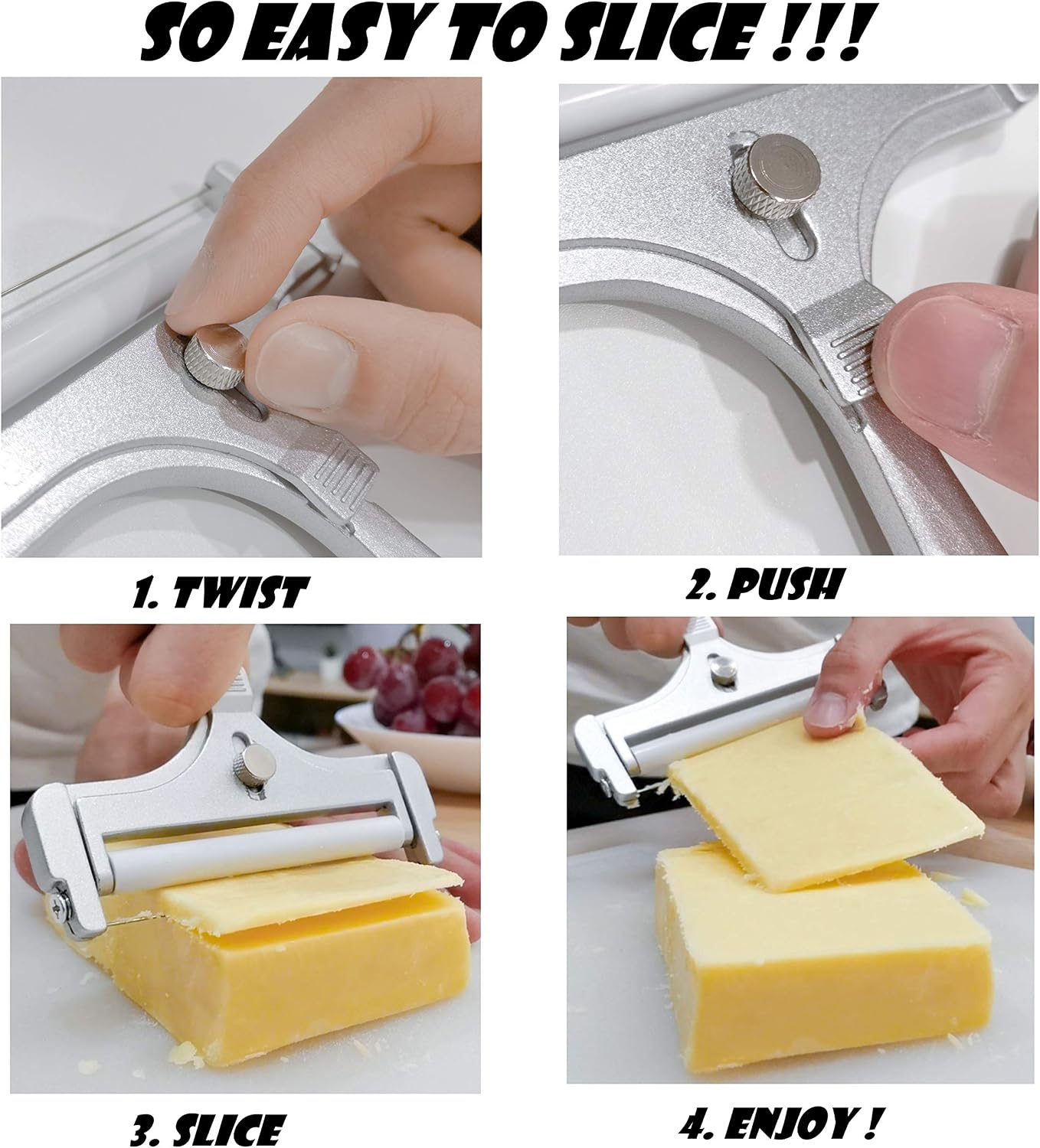 Cheese Slicers for Block Cheese - Cheese Cutter with Wire Stainless Steel, Adjustable Thickness Cheese Slicer for Soft, Semi-Hard Cheeses - Ergonomic Cheese Slicer Manual (Gray) V TOWER