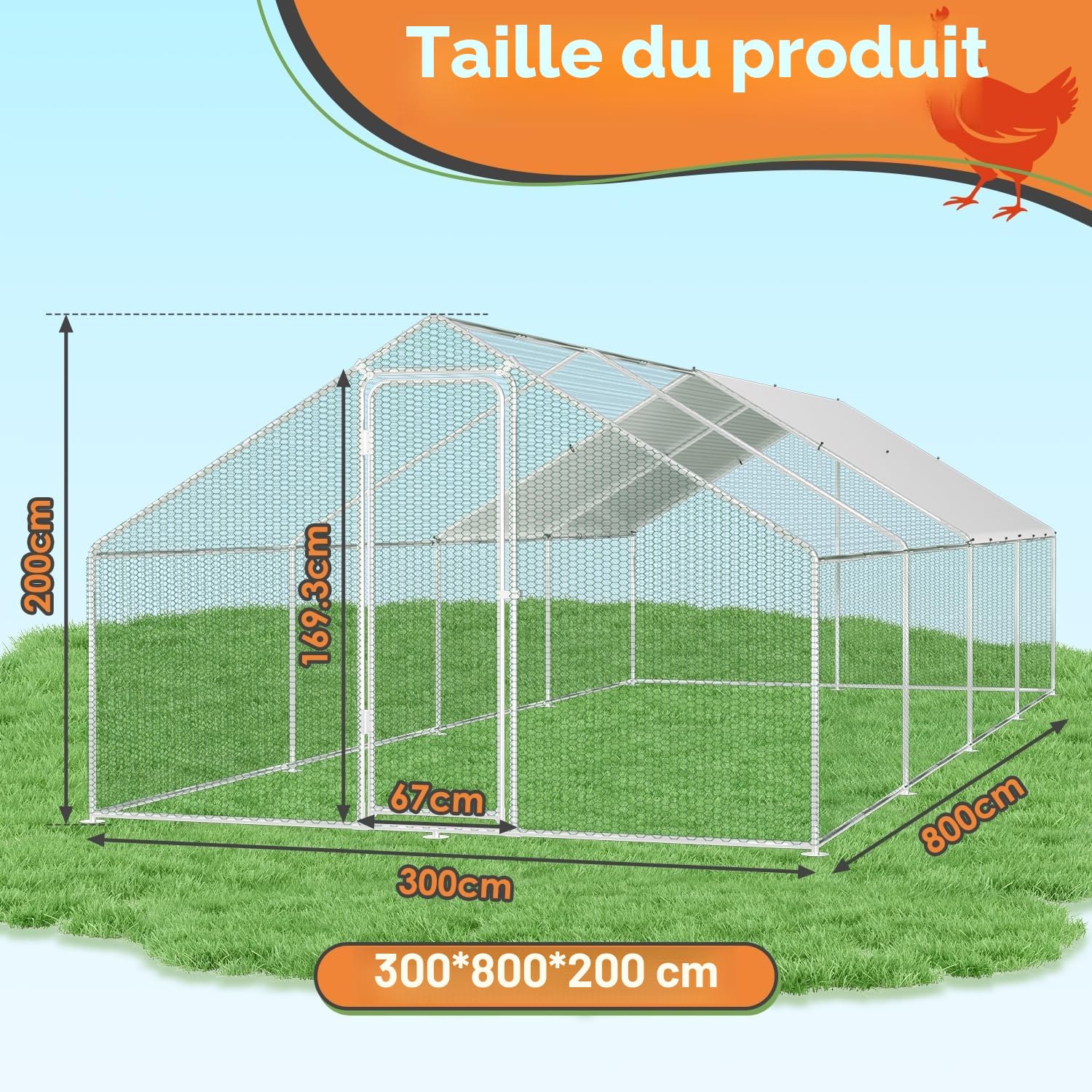 Randaco 3 x 8 x 2 m, enclos XXL pour poulailler, acier galvanisé, avec toit, auvent et porte pour animaux de compagnie, cage pour oiseaux, petits animaux, avec serrure