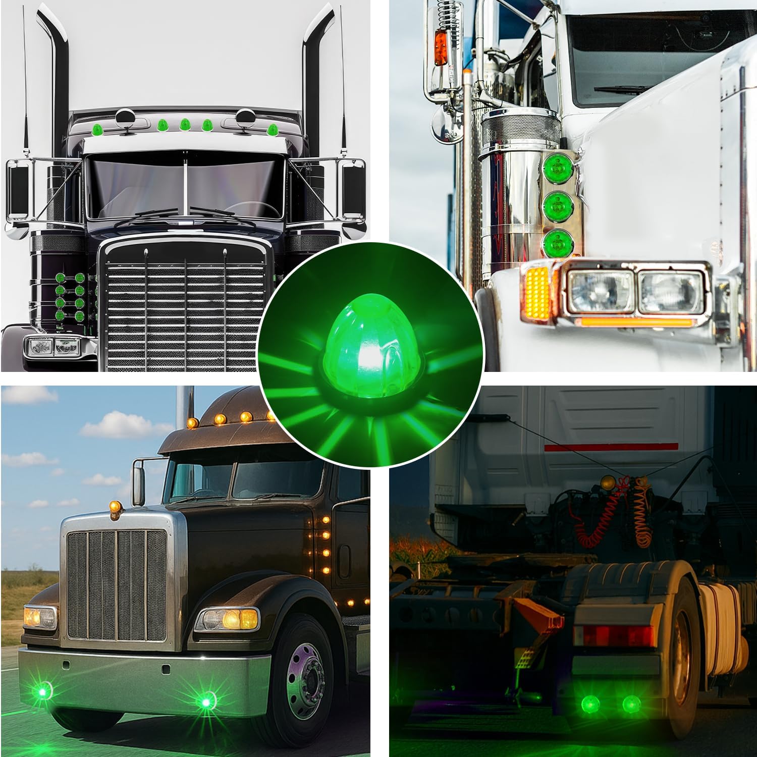 5 Pcs Green Watermelon LED Light with Stainless Steel Bracket, 12V Marker Clearance Lights for Semi Truck, Freightliner, Kenworth, Peterbilt, Heavy-Duty Trailers