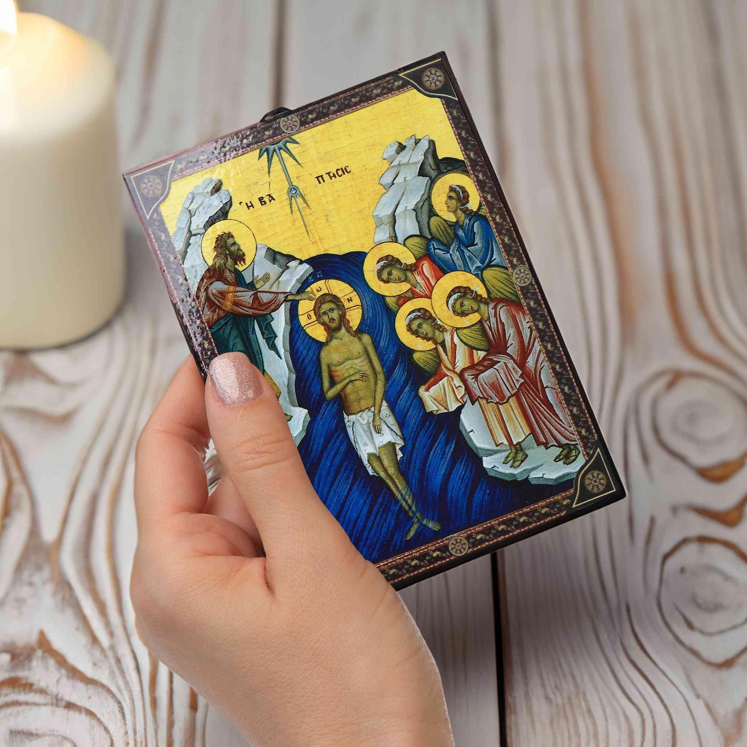 NKlaus Icona Battesimo di Gesù 9,7x13,5x1,2cm Icona cristiana ortodossa dalla Grecia 1016