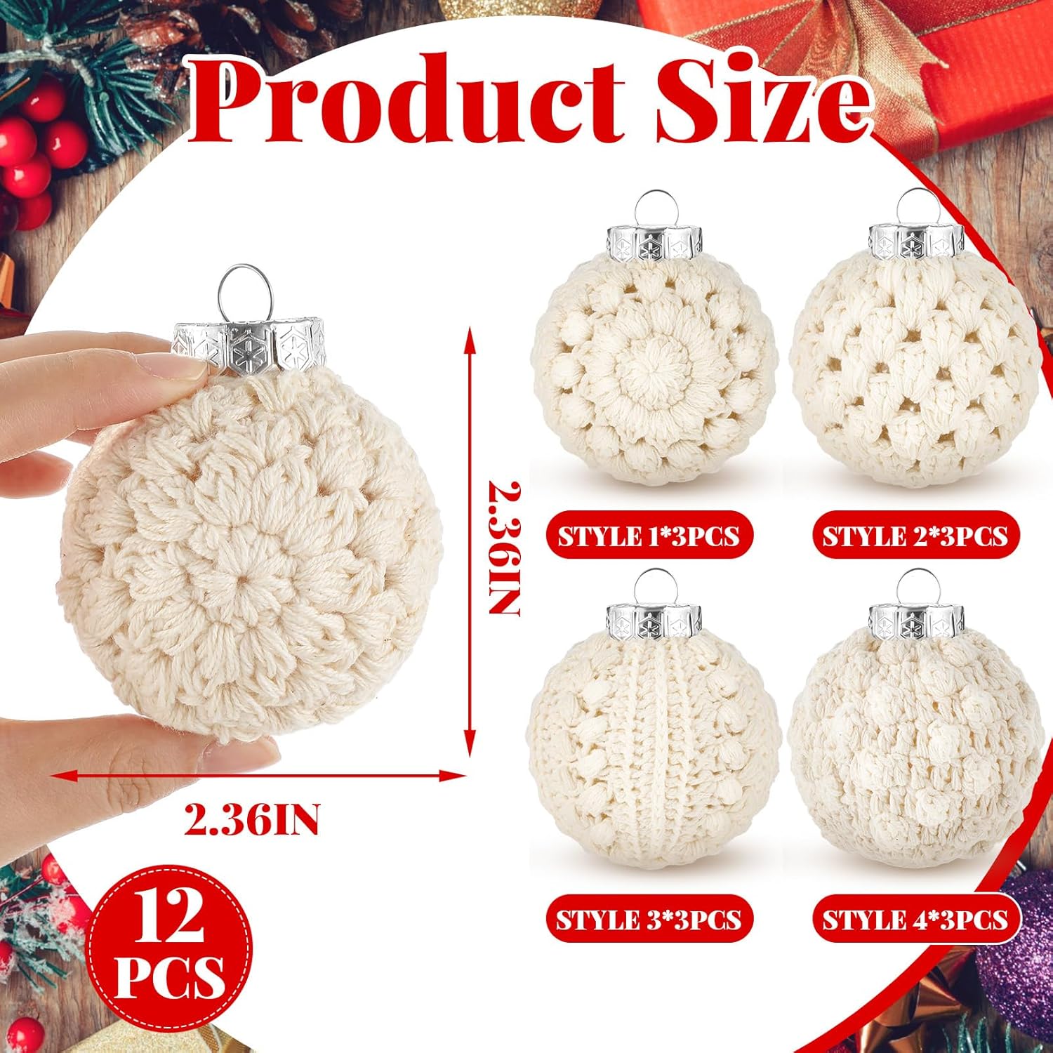 Syhood 12 Pcs Farmhouse Crochet Christmas Ornaments 4 Styles 2.36" Handmade Vintage Rustic Crochet Knitted Christmas Ball Ornaments for Xmas Tree Party Decoration Supplies (Warm White) 12 Warm White 2.36"