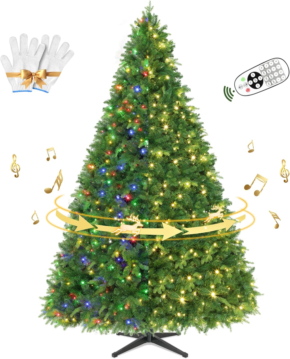 9FT Pre-lit Christmas Tree with Remote,Artificial Full Christmas Tree with 600 Color Changing LED Lights,2512 Branch Tips,Music,Rotating & Foldable Metal Stand for Party Xmas Decoration