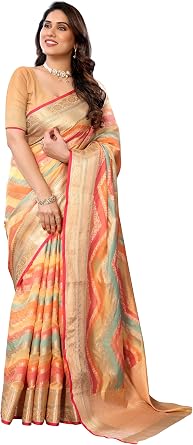 Sidhidata Womens Organza Golden Zari Jacquard Boarder & Pallu ZigZag Saree With Unstitched Blouse Piece Maharani