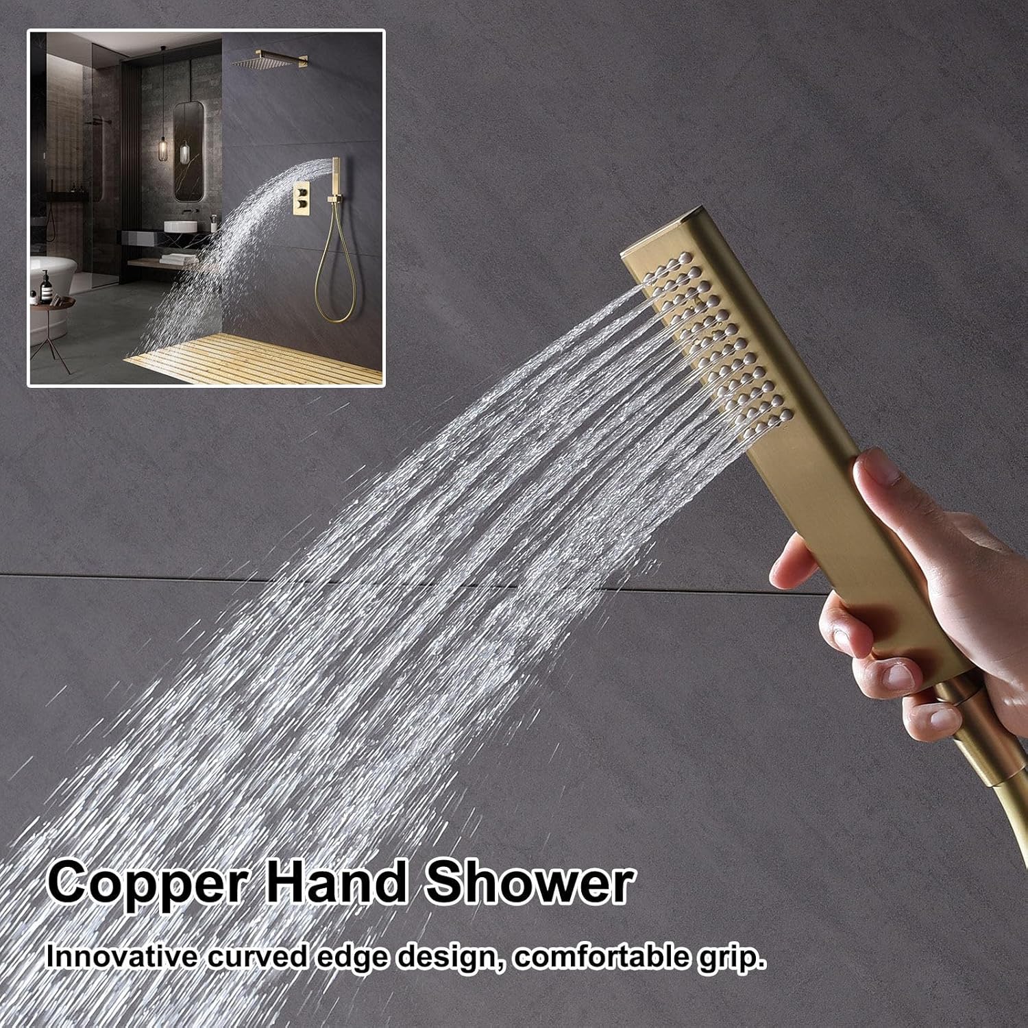 Shower System Concealed, RSS0390 Brushed Gold Shower Faucet Set, 10in/12in Shower Set, 304 Stainless Steel Square Rotatable Shower Head Set, Copper Hand Shower, 59A Copper Mixing Valve