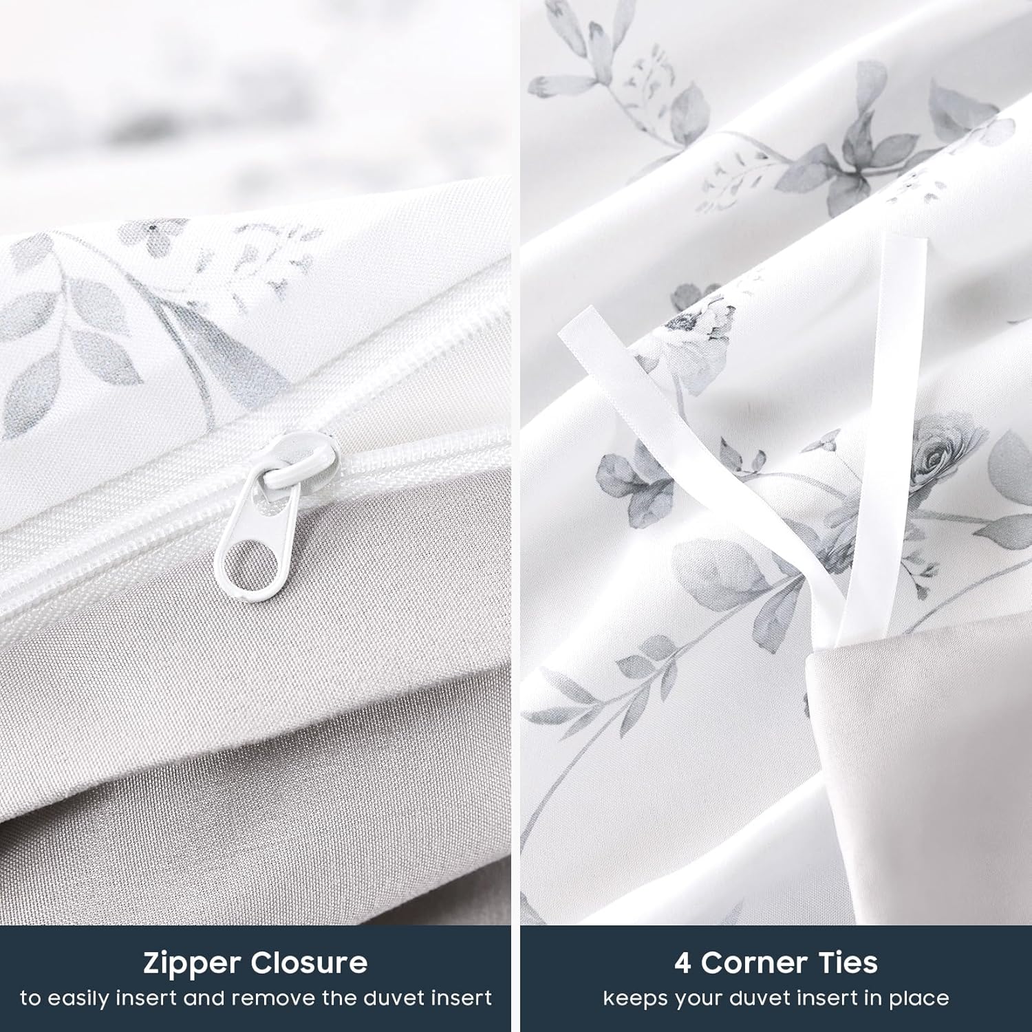 Wake In Cloud - Floral Duvet Cover Set, Shabby Chic Coquette Cottagecore Farmhouse Style with Romantic Flower Pattern, Soft Lightweight Bedding, 3-Piece, Grey White, Queen Size