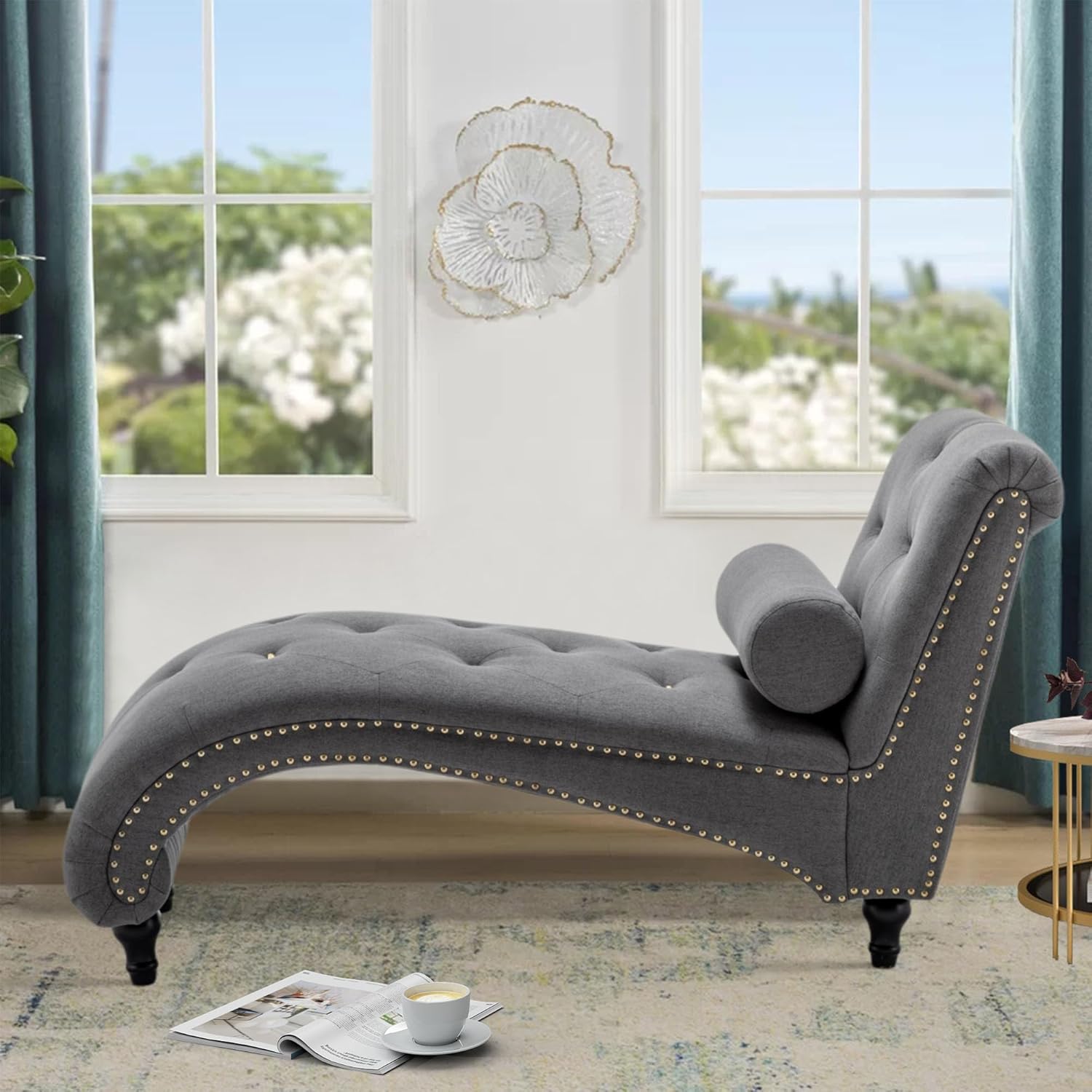 Alunaune Upholstered Chaise Lounge Chair Indoor Recliner Leisure Living Room Chair Rest Sofa Couch Armless with Lumber Pillow for Bedroom-Grey Fabric