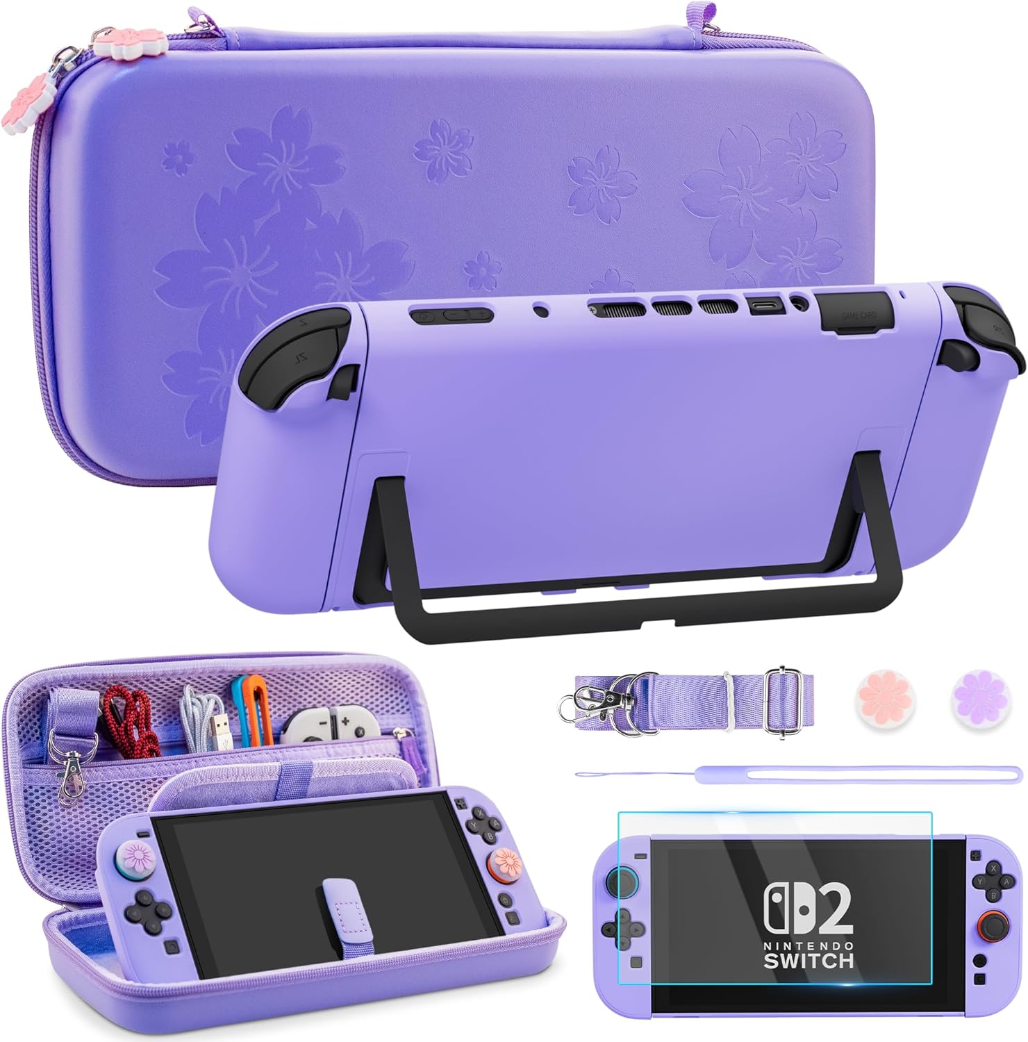 FUNDIARY Purple Sakura Travel Carrying Case for Nintendo Switch 2, Cute Accessories with Slim Portable Storage Bag, Hard PC Protective Dockable Cover, Screen Protector, Shoulder Strap and 2 Thumb Caps