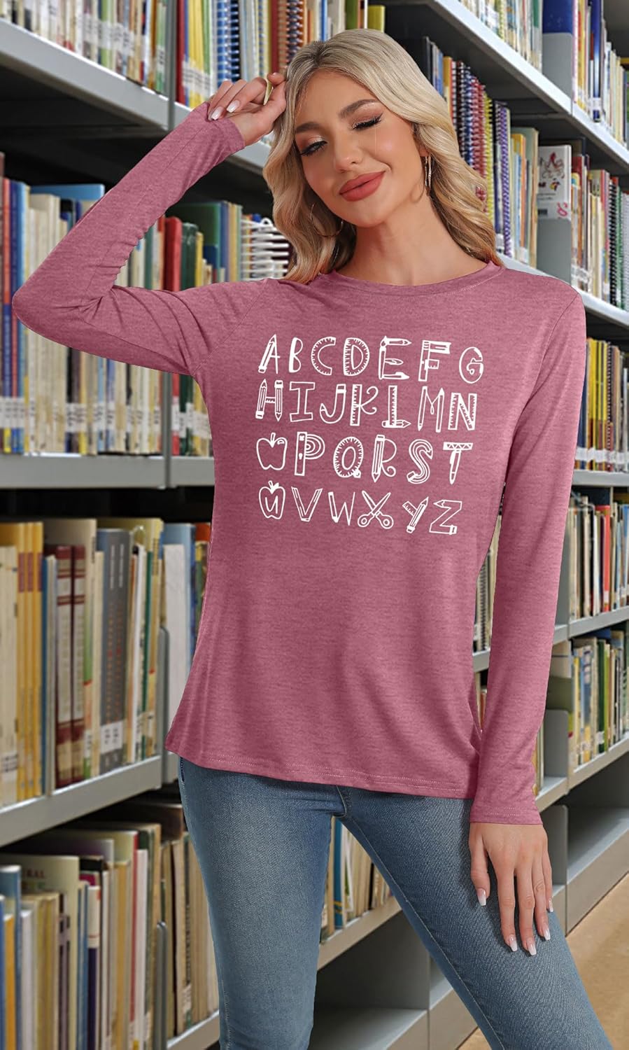 Teacher Shirts for Women: ABCD Teacher T-Shirt Alphabet Graphic Tshirt Casual Long Sleeve Fall Tops - Image 3