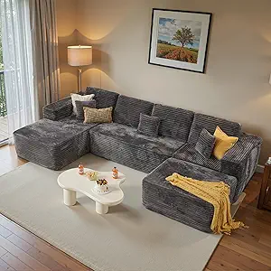 ovios Sectional Cloud Couch for Living Room, Modular Floor Sofa with Plush Corduroy, No Assembly Required, Big Comfy Couches Set with Fluffy Memory Foam, Stupendous U Shaped Sofas with Chaise, Grey