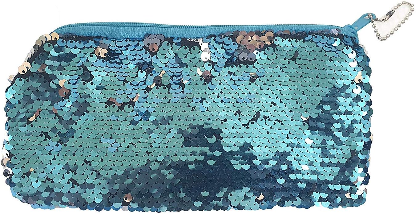 SAISAN Magic Mermaid Sequin Cosmetic Bag Flip Double Color Handbag Pouch Glitter Pencil Case (Blue)