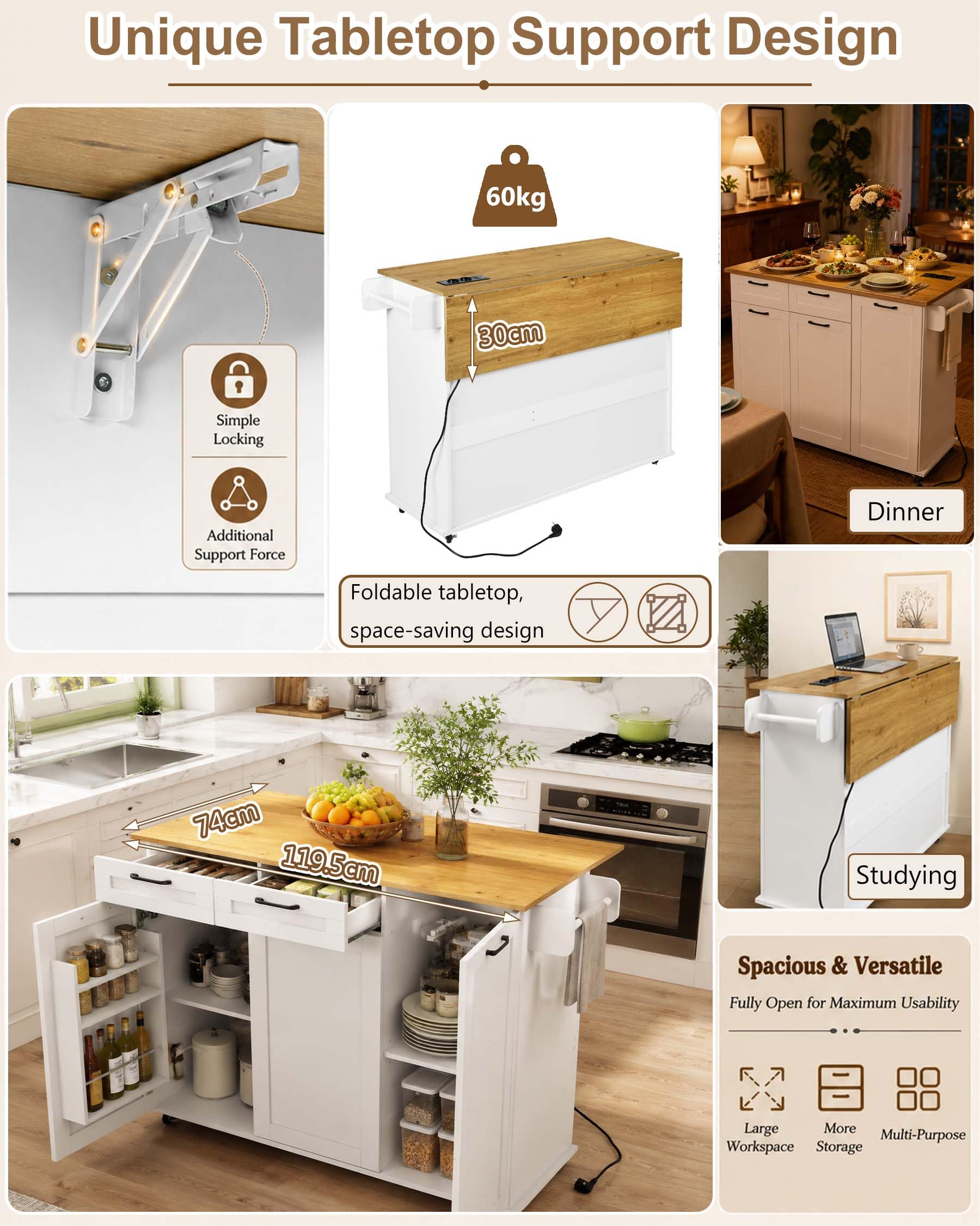 Îlot de Cuisine avec Prise et Plan de Travail Pliable Meuble Cuisine avec roulettes Buffet Cuisine avec Rangement 2 tiroirs et 2 Portes Blanc/chêne 120 x 74 x 94,5 cm