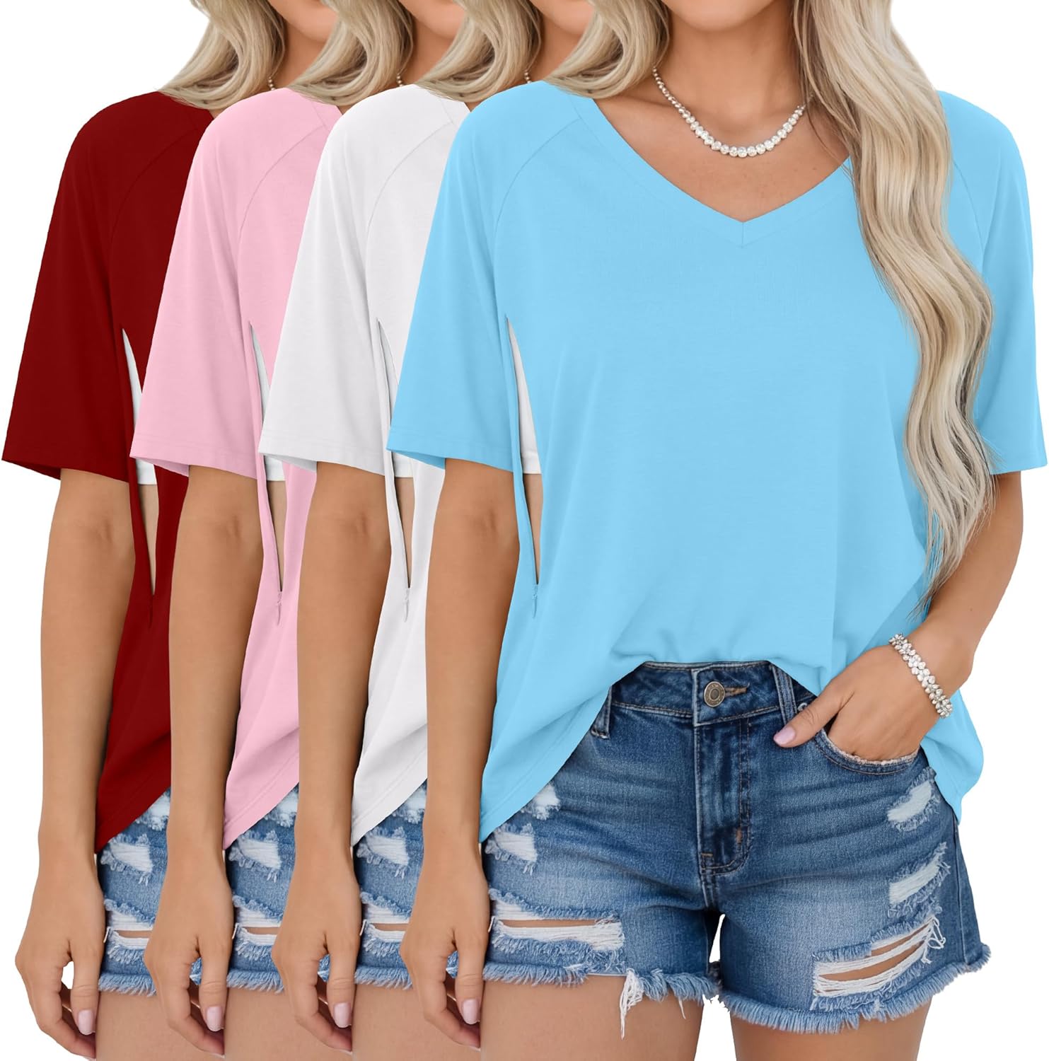 4 Pack Women's Oversized Nursing Shirts for Breastfeeding Hidden Zipper Short Sleeve Loose Fit Maternity Tops