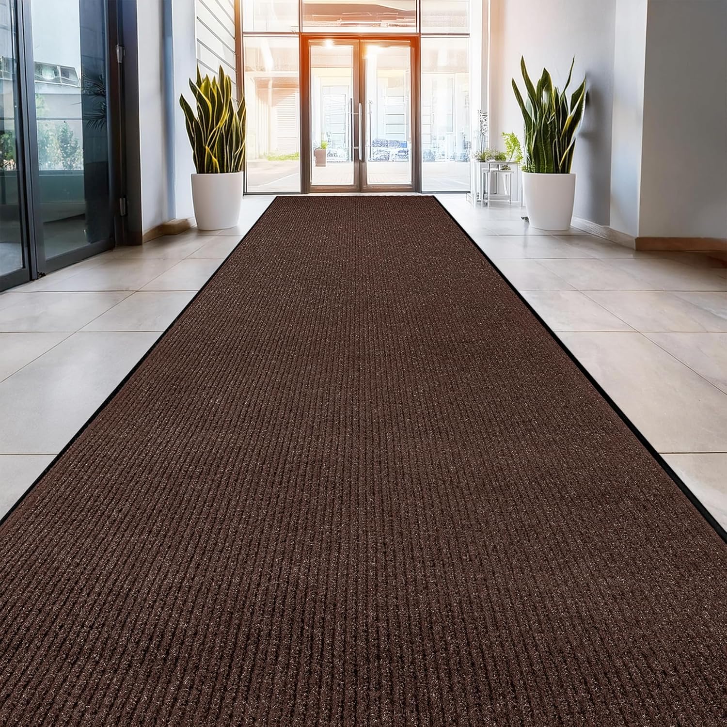 MaxMat® Oversized Rubber Door Mat - Heavy Duty, Waterproof, Low-Profile, Easy to Clean, Commercial Floor Mat (4 x 16 Feet, Brown, MXM-RIB0316BK)