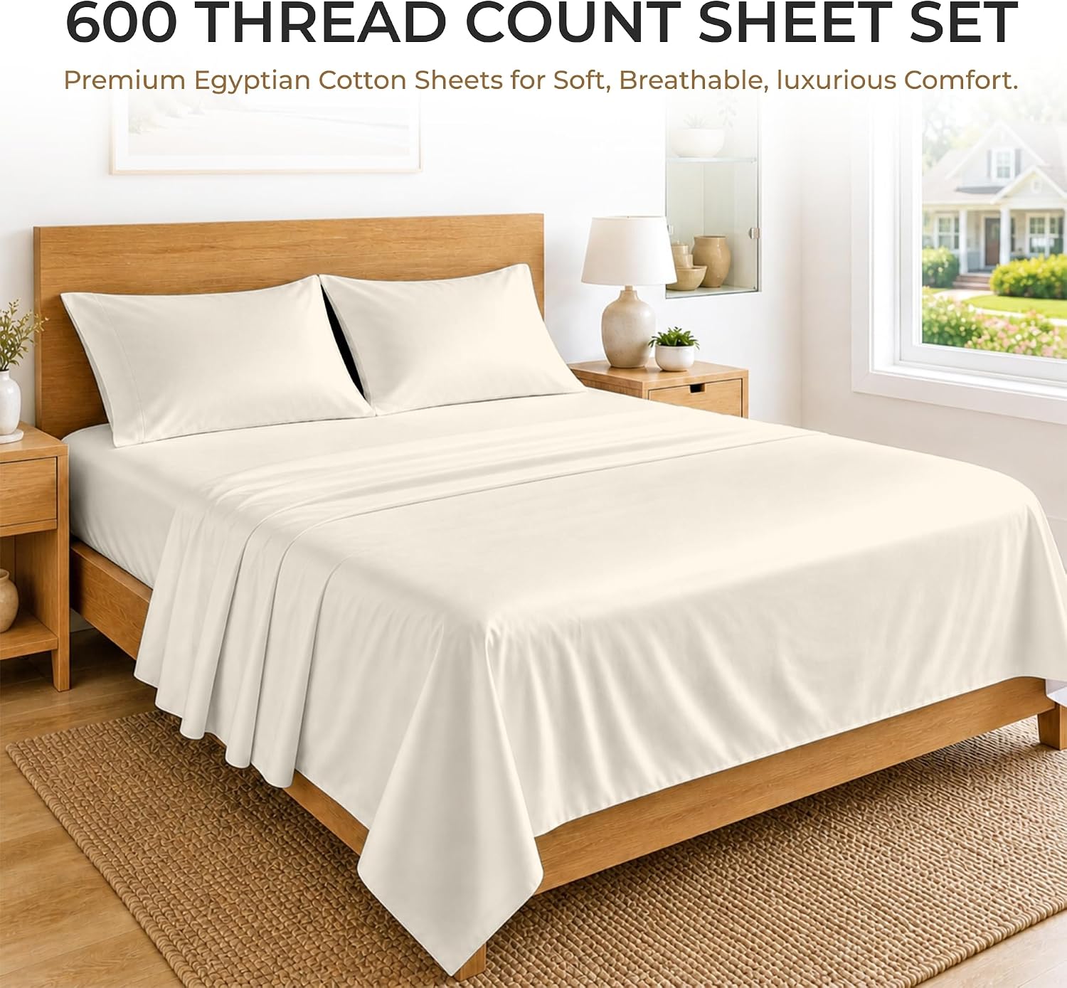 SGI bedding 100% Egyptian Cotton Sheets Queen Size – 600 Thread Count Sheets Set, Soft, Cooling, 15" Deep Pocket, Luxury Hotel Bedding, Breathable, Durable - Ivory