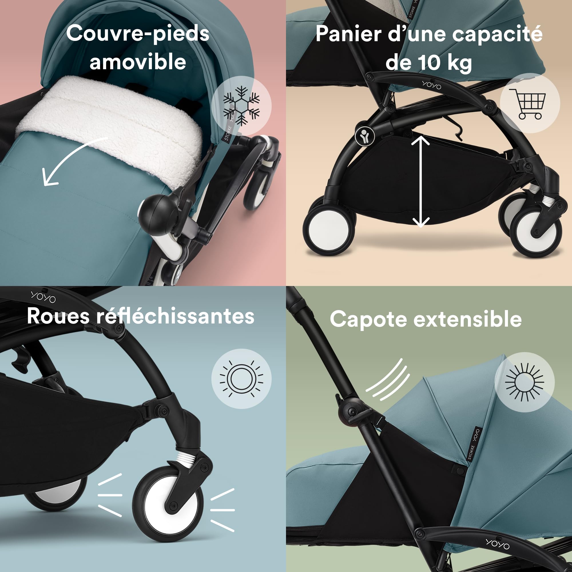 Stokke YOYO3 châssis (Noir) avec Pack nouveau-né YOYO 0+ (Aqua) - Comprend un matelas, un harnais à cinq points, une capote extensible, bandoulière rembourrée, et housse de protection
