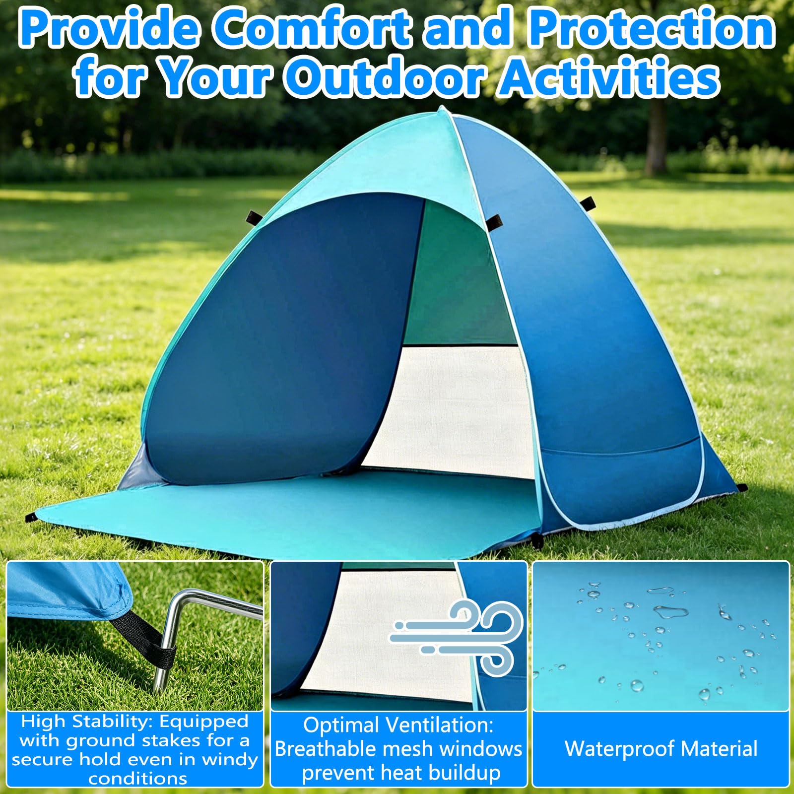 Tenda da Spiaggia Pop Up, Protezione Solare UPF 50+ Dai Raggi UV, Antivento, per 1-3 Persone, Include Custodia per il Trasporto e Picchetti, per Campeggio in Famiglia, Giardini e Spiagge (Blu)