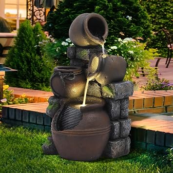 MAGIC UNION 4 Tiers Cascading Pitchers Water Fountain, 24" H Outdoor Freestanding Bowls & Stacked Stones Fountain w/LED Lights and Pump, Outdoor Garden Waterfall Decor for Patio, Yard and Deck Decor