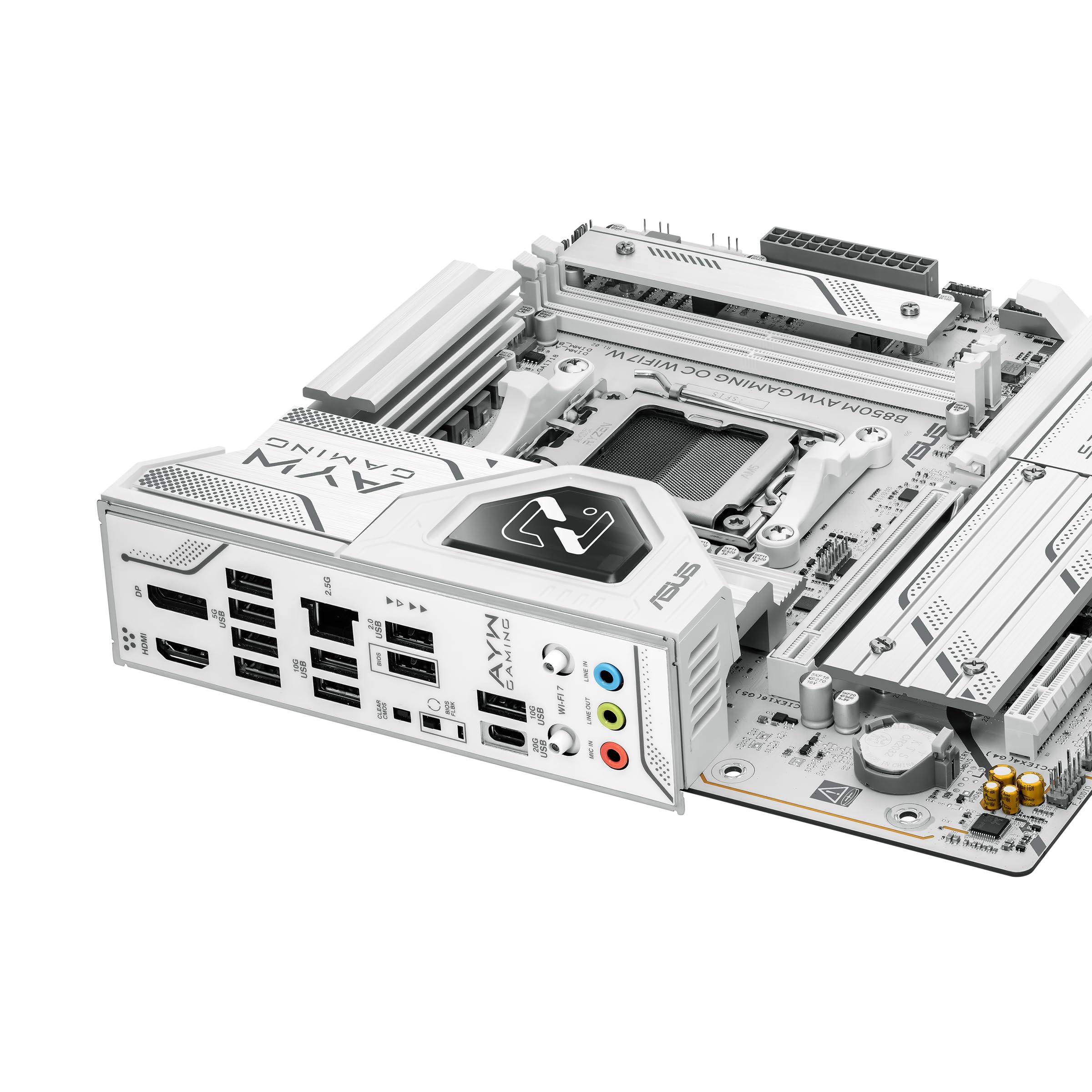 ASUS B850M AYW Gaming OC WIFI7 W, Placa Base AMD Micro-ATX, 12+2+1 Fases de alimentación, DDR5, PCIe 5.0, 3 Ranuras M.2, Wi-Fi 7, Ethernet Realtek 2.5 GB, USB-C de 20 y 10 Gbps, BIOS Flashback, Aura