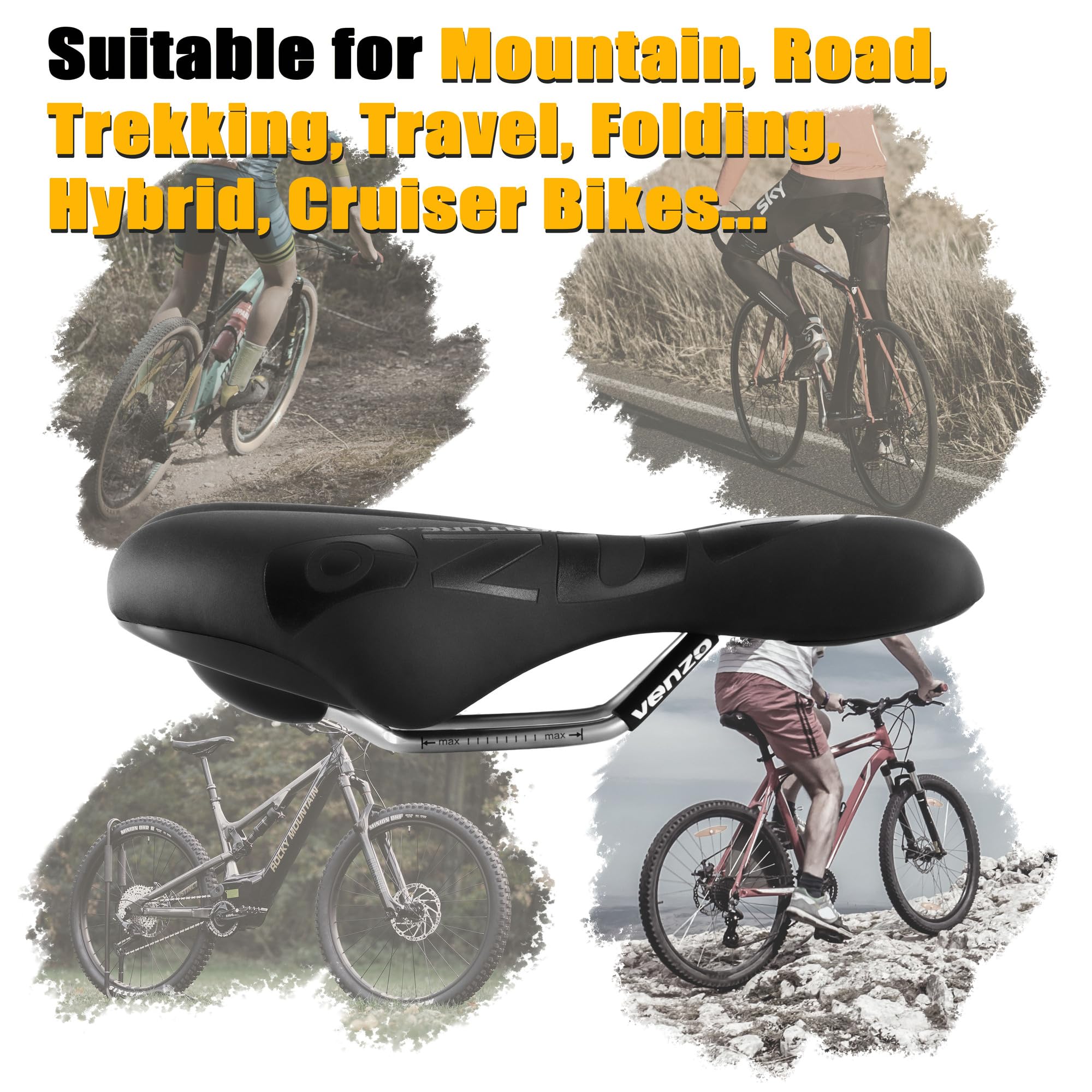 Venzo Asiento cómodo para bicicleta – para MTB, carretera, ejercicio, senderismo, plegable, híbrido y Cruiser – XC asiento en negro