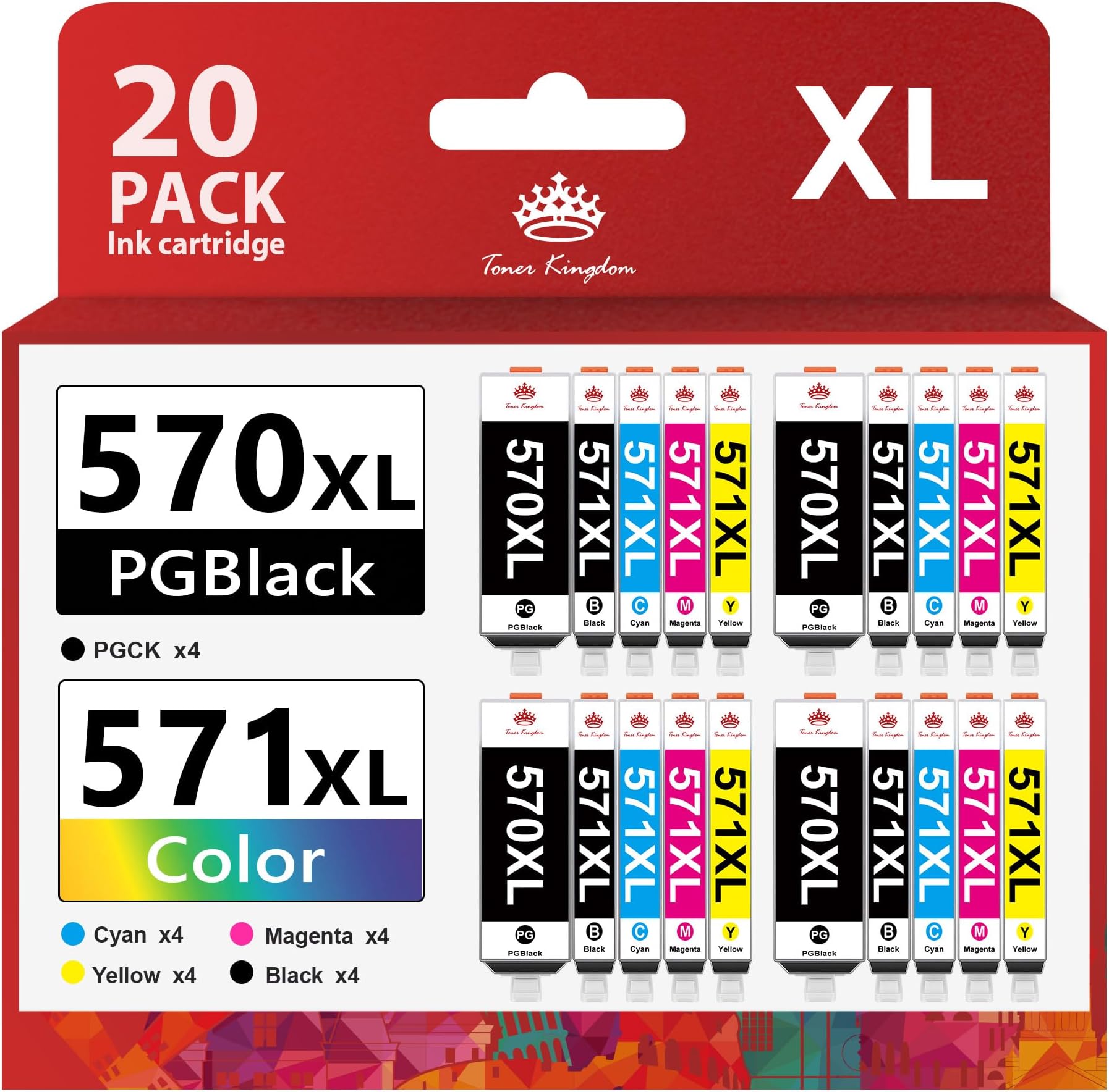 Toner Kingdom Pack of 20 570XL 571XL Ink Cartridges Compatible with Canon PGI-570 CLI-571 XL for Canon Pixma MG5750 TS5050 MG5753 MG6850 MG6852 MG5700 MG5751 TS5055 MG5752 MG6851 MG6851 TS505 1 x
