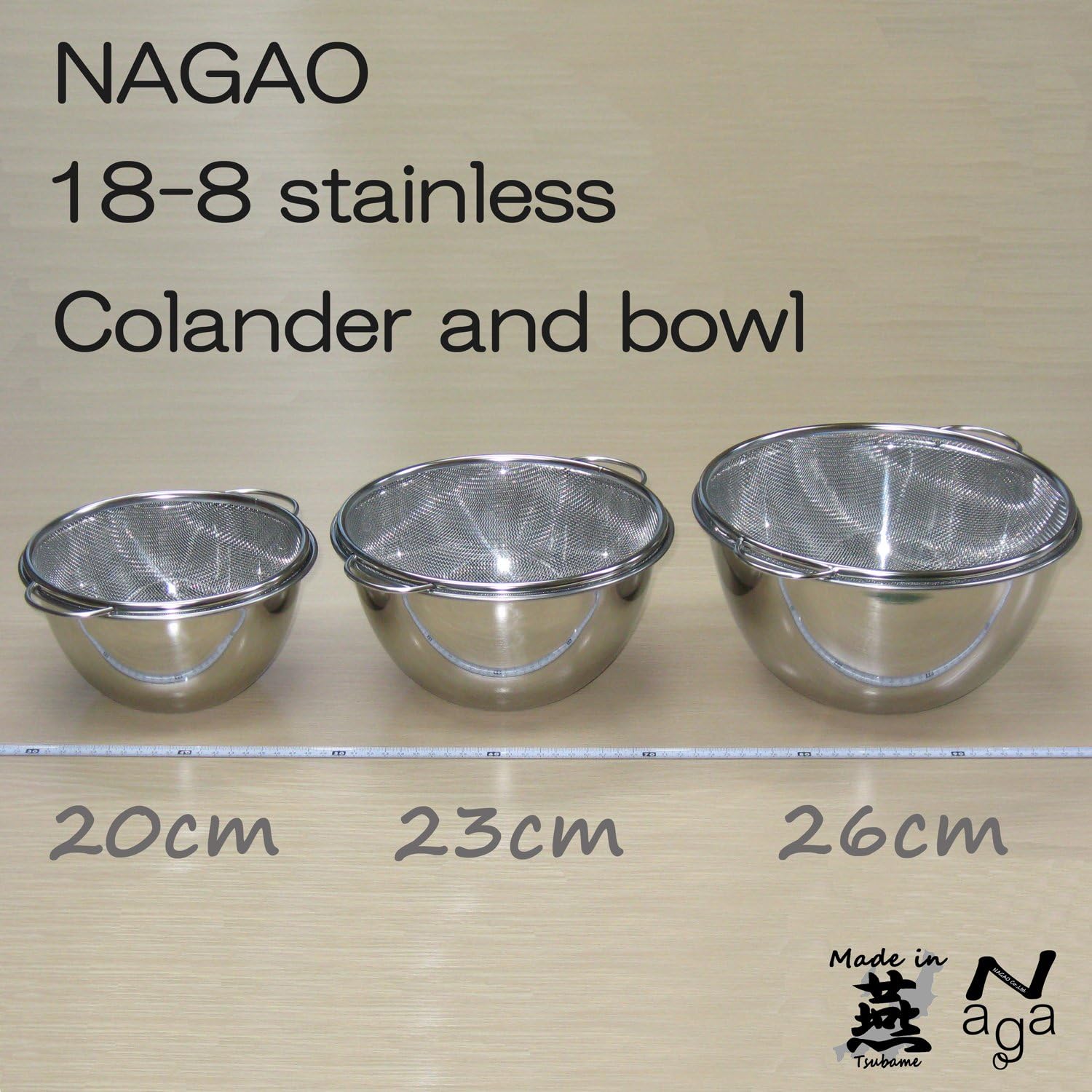 Nagao Tsubamesanjo Deep Bowl Colander Set, Standard, Outer Diameter 9.1 inches (23 cm), 18-8 Stainless Steel, Made in Japan