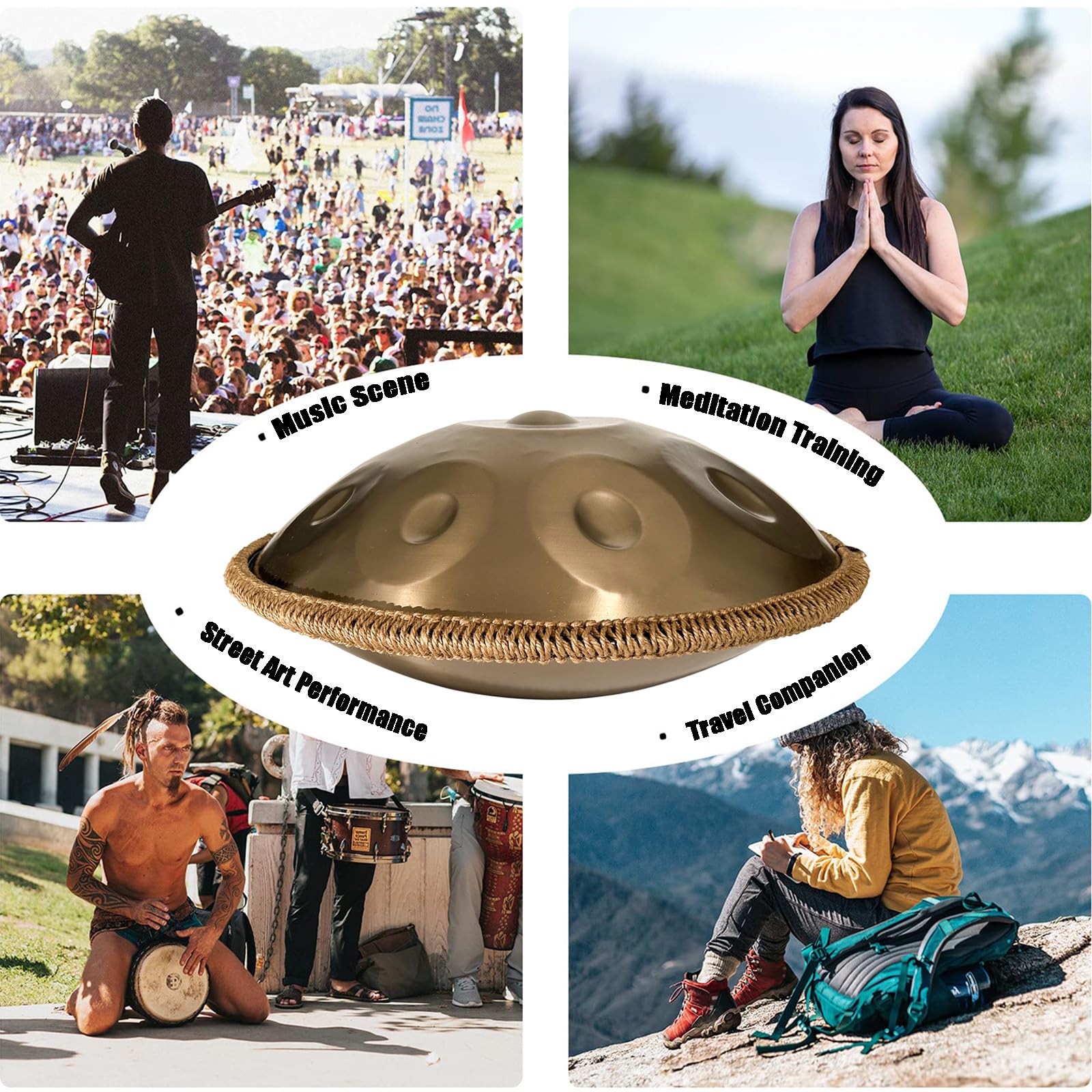Bęben stalowy Handpan 440 Hz 9 nut 22-calowy „Gold Performer” w d-moll ze stojakiem na handpan, etui na handpan