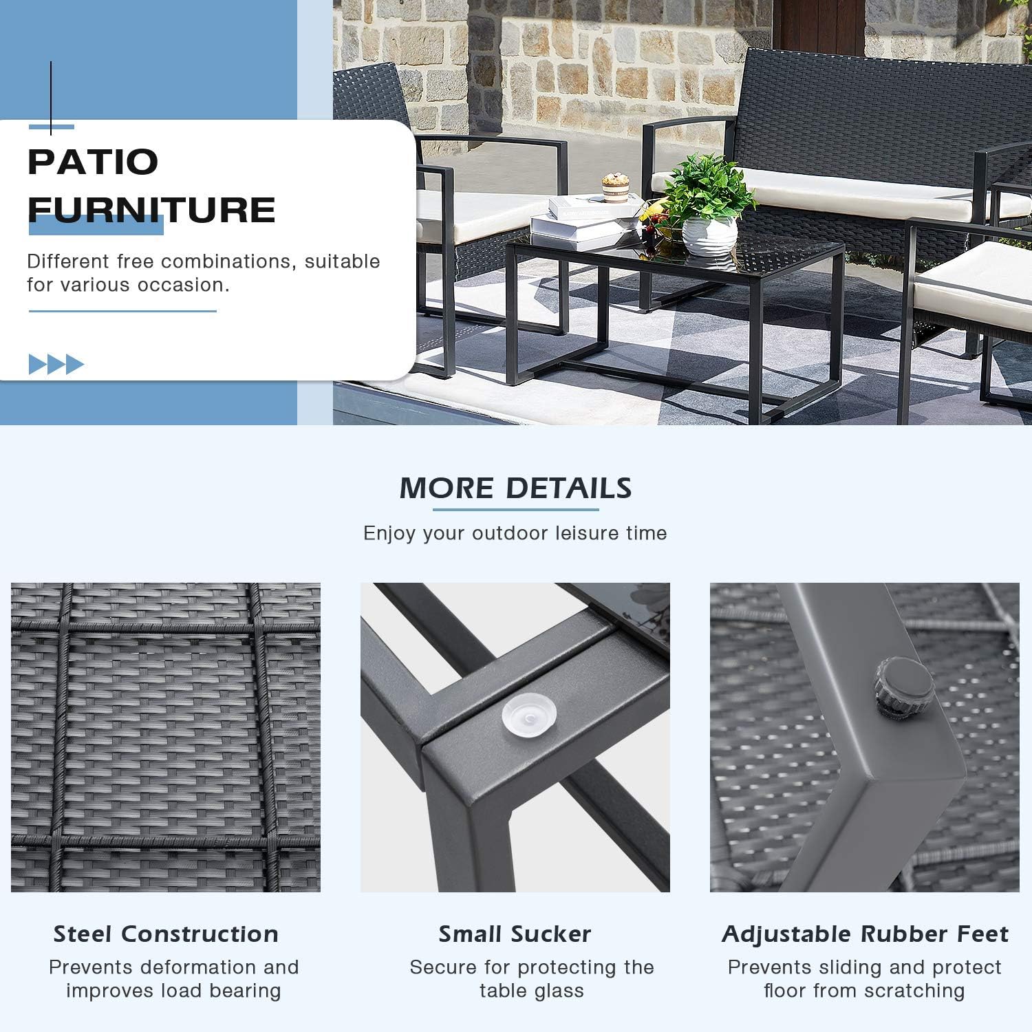 Tuoze 4 Pieces Patio Furniture Set Outdoor Patio Conversation Sets Modern Porch Furniture Lawn Chairs with Glass Coffee Table for Home Garden Backyard Balcony (White) : Patio, Lawn & Garden