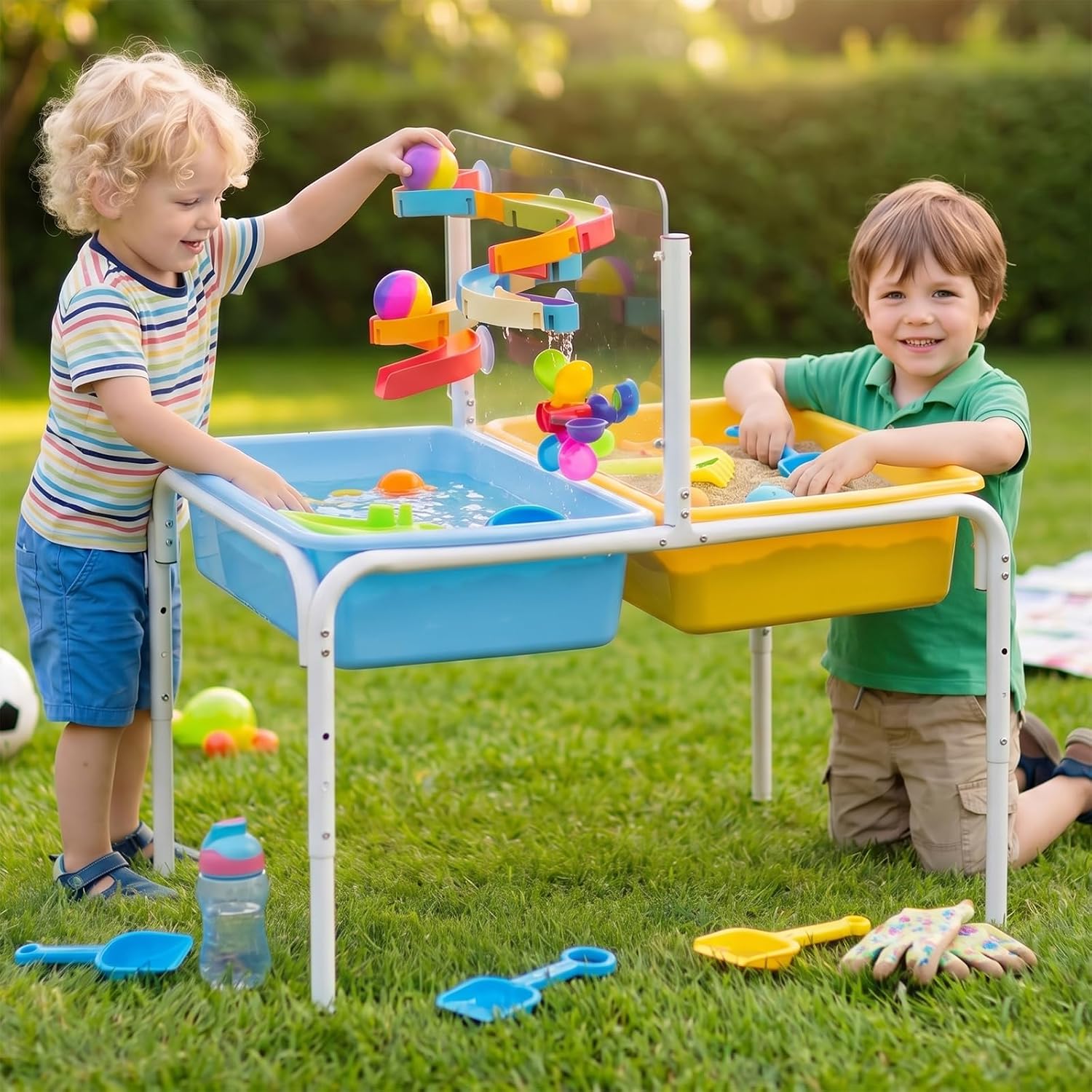 FUNLIO Foldable Sand and Water Table for 3-6 Years, Height Adjustable Toddler Sensory Table with dust Cover, 2 Storage Bins & Beach Accessories, Easy to Carry & Storage, CPC Certified