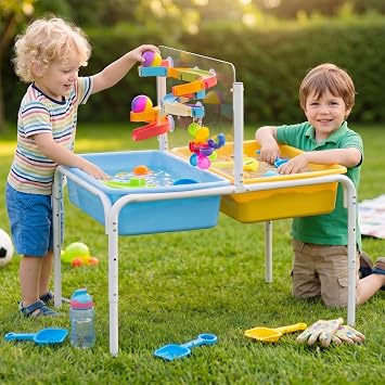 FUNLIO Toddler Water Table, Height Adjustable Sand and Water Table for Kids 3-6 Years, 4 in 1 Toddler Sensory Table with 2 Storage Bins, Acrylic Board & 16 Accessory Pieces, Indoor and Outdoor Play