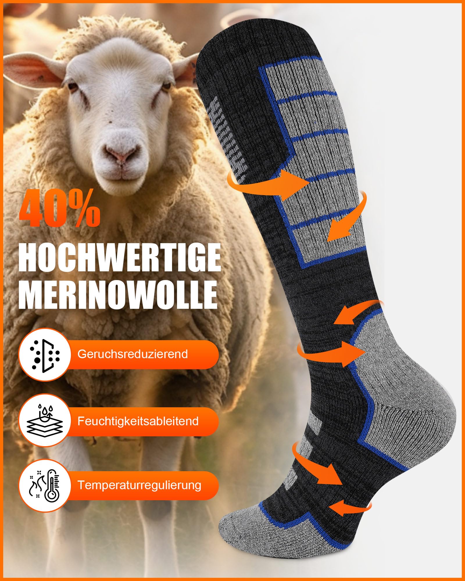 Niofind Calcetines de esquí de merino para hombre y mujer, 2 pares, de rizo completo, calcetines térmicos, calcetines cálidos de invierno, calcetines de esquí que absorben la humedad para clima frío
