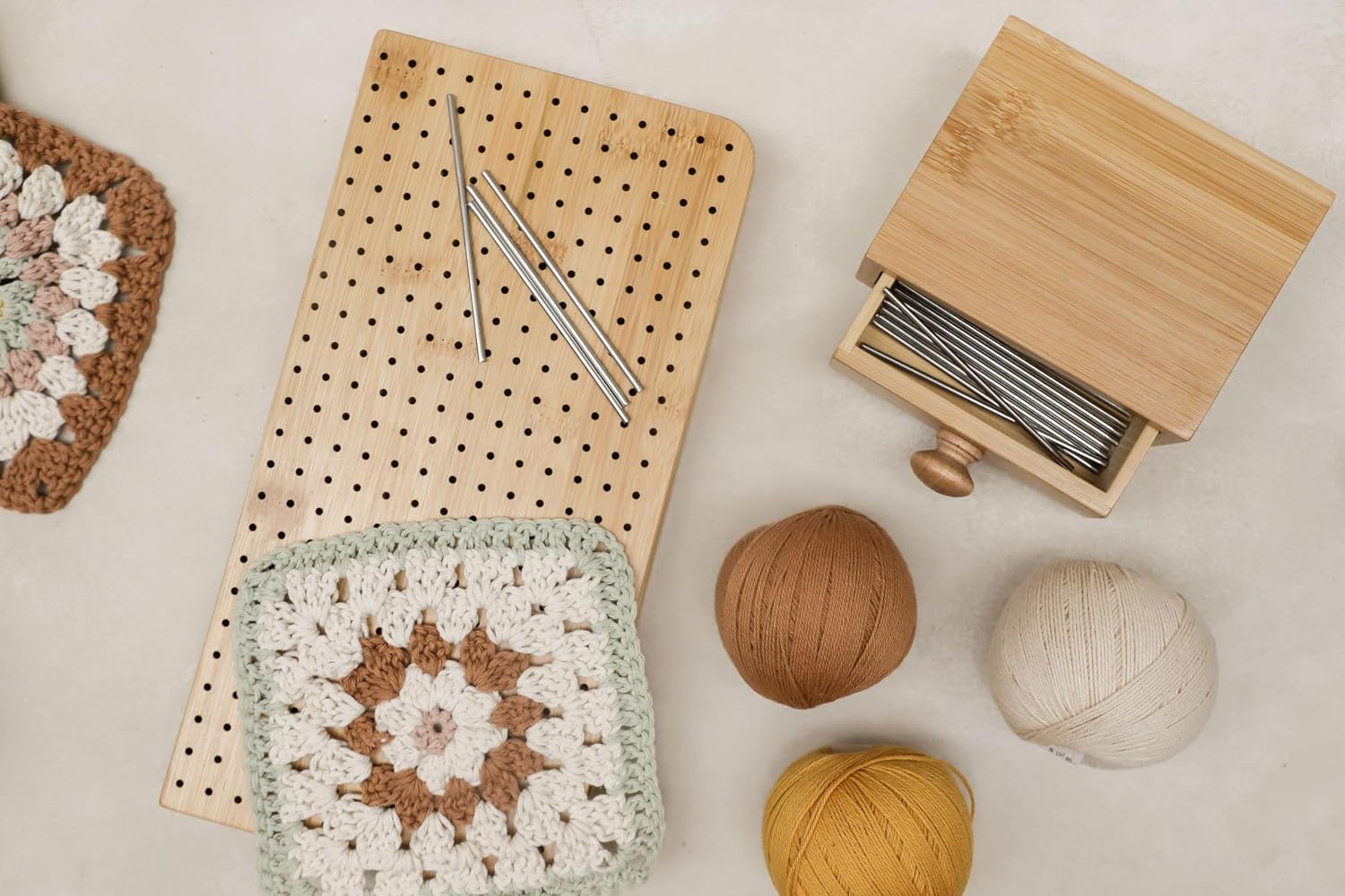 Crochet Blocking Board - 11.8" Bamboo Blocking Mat with 10 Pins, Stand & Storage Box - Foldable Blocking Board for Granny Squares, Knitting & Crochet Gifts