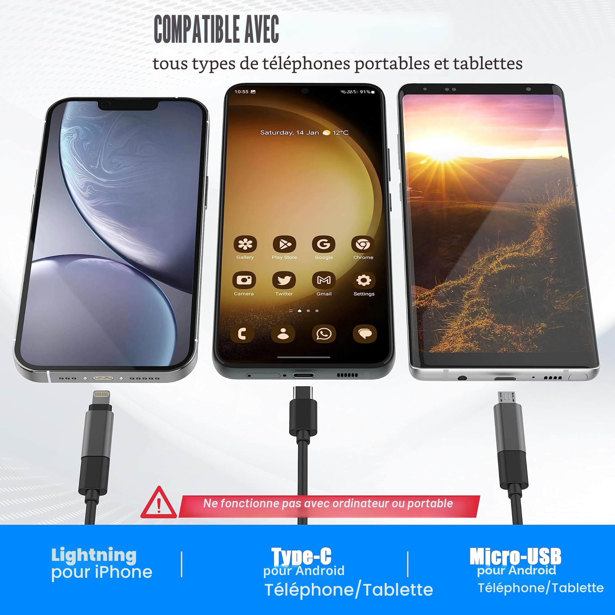 Endoscopique d'inspection Serpent Double Objectif 1920P, Endoscopique Pancellent Type C, Caméra avec 8 Lumières LED pour Smartphone Android et iOS, IPhone, IPad, Samsung (5 M)