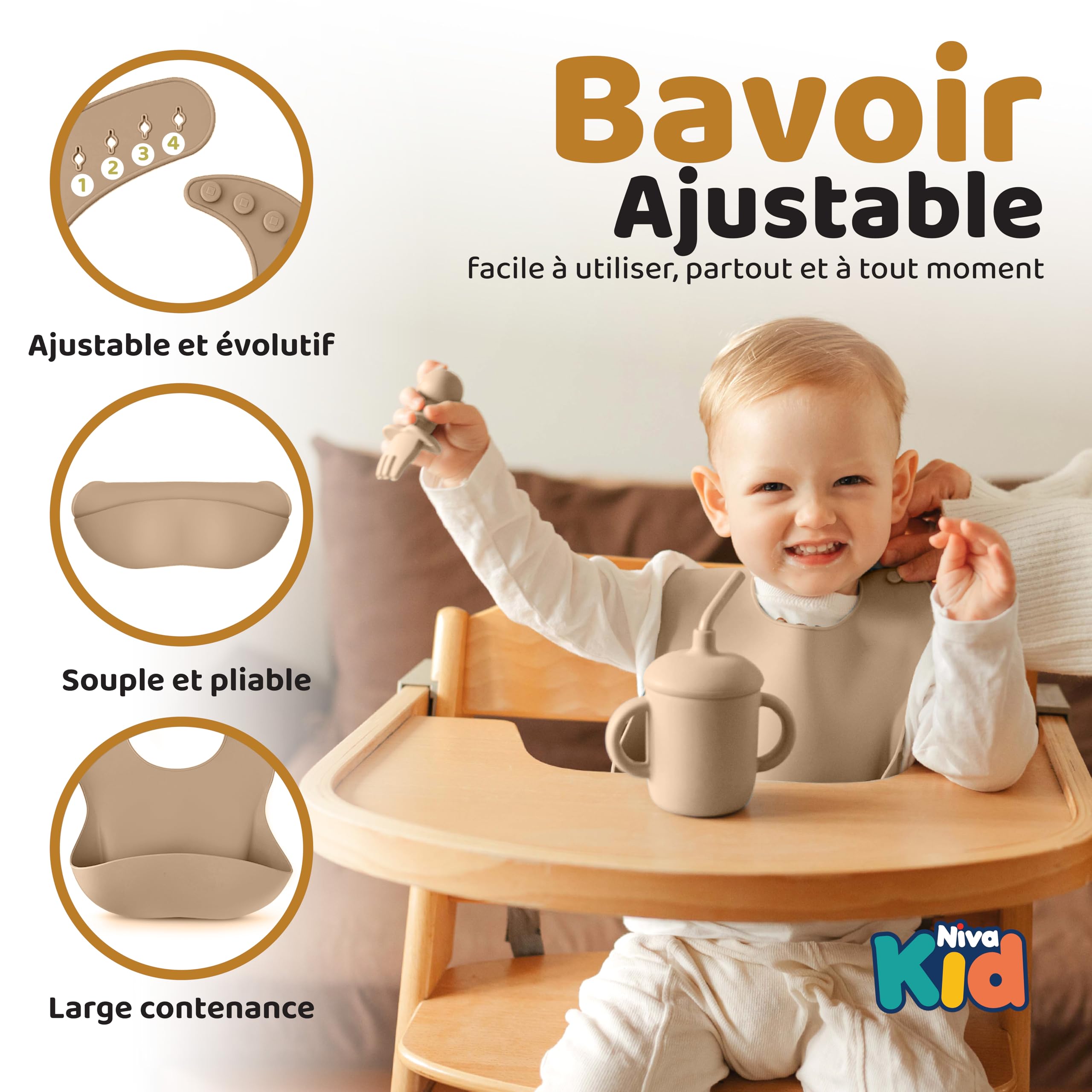 Coffret Repas Bébé Silicone Set Vaisselle 1er Âge Assiette Ventouse Cuillère Bavoir Tasse Sans BPA DME Bébé Beige