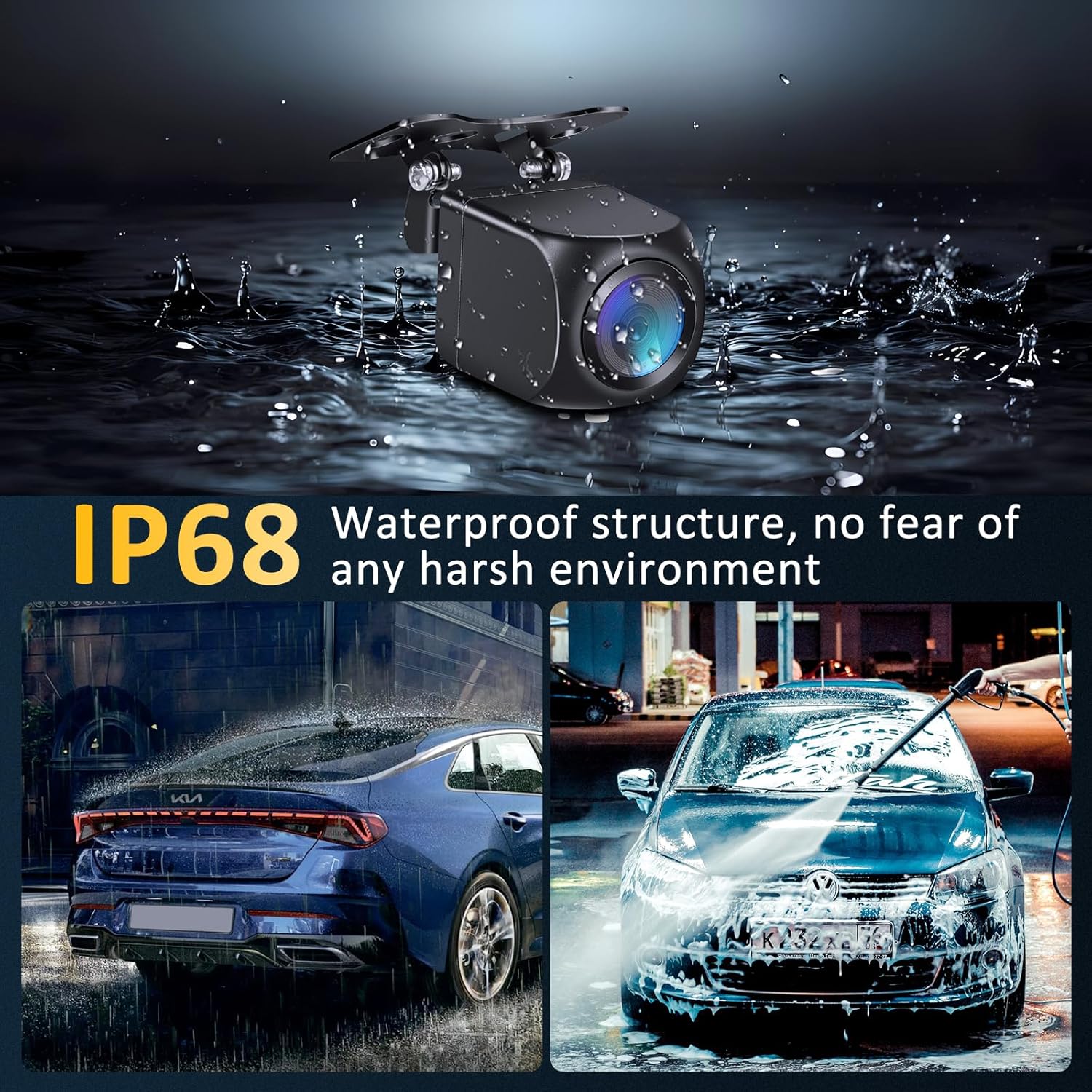 Image demonstrating the IP68 waterproof rating of the VTOPEK camera, showing it being splashed with water and cars being washed.