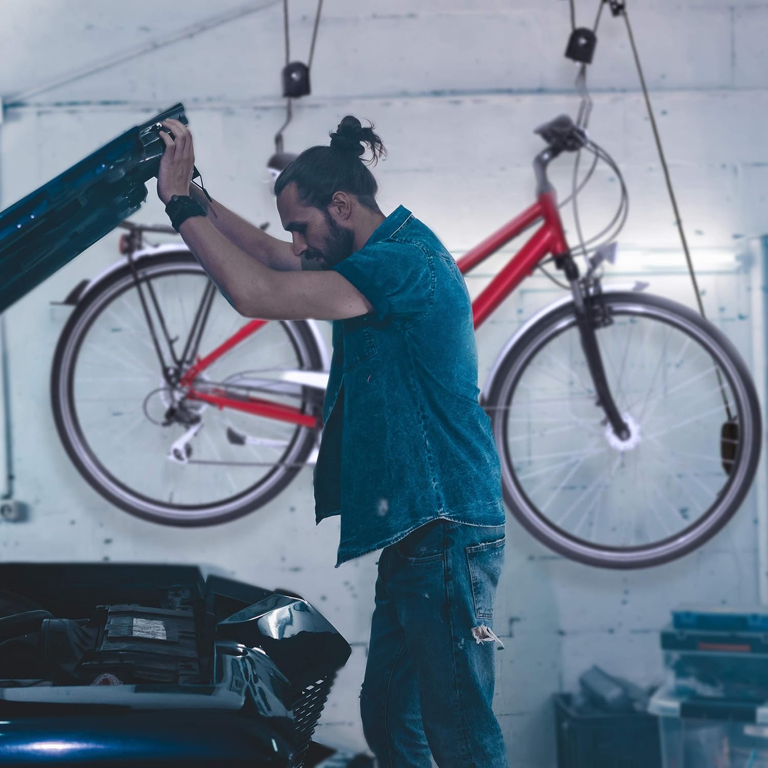 Relaxdays Bicycle Garage Storage Rack, Bike Lifter, up to 20kg, Ceiling Holder, Black