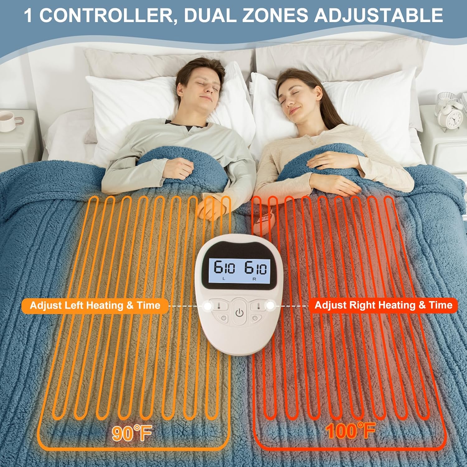 Electric Blanket Queen Size Single Control - Soft Double Sided Sherpa Heated Blanket with 6 Fast Heating Levels & 10 hrs Timer Settings, Washable & Overheat Protection for Bed, Blue - Image 4