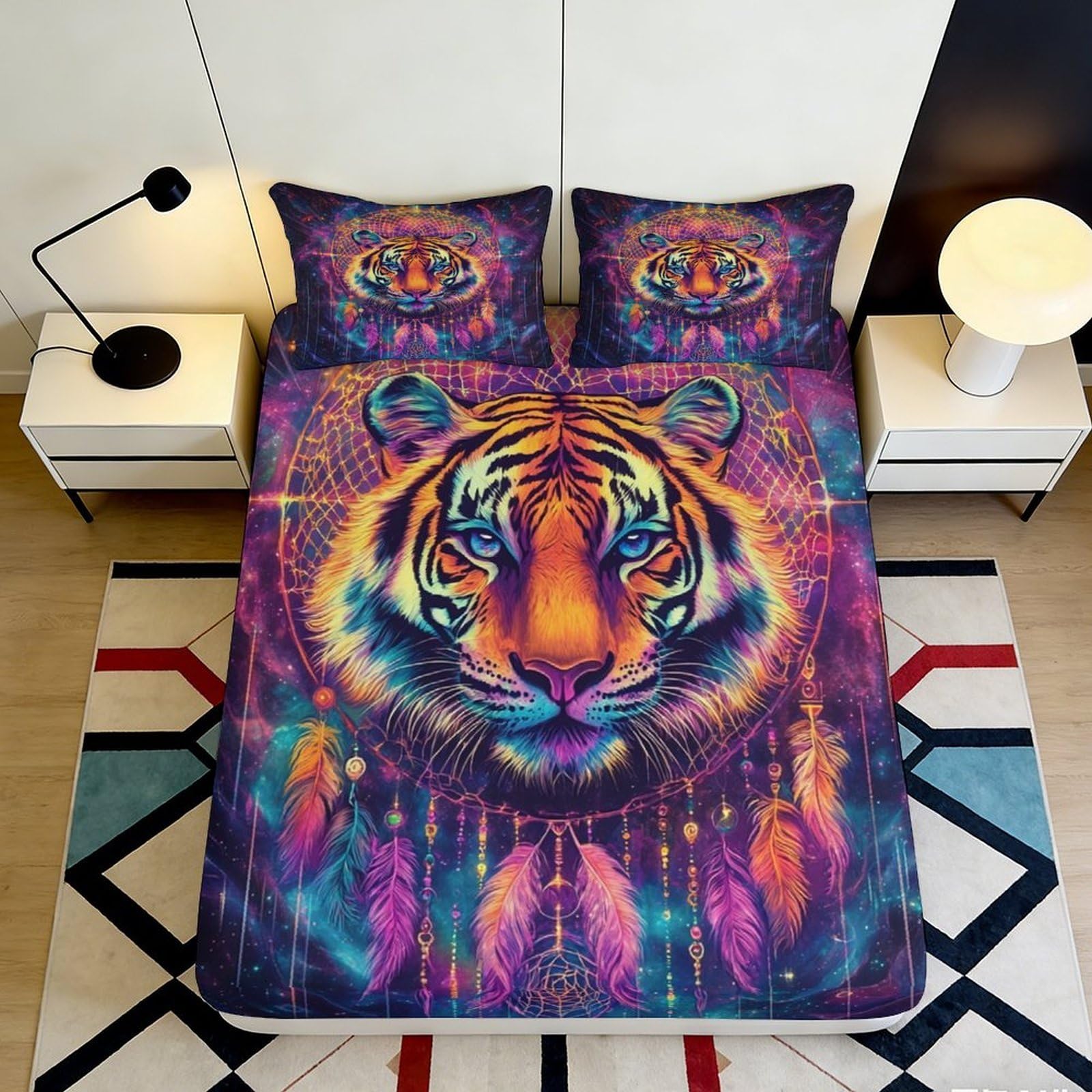 3D Printed Vibrant Tiger Dreamcatcher Fitted Sheet Microfiber Soft Decorative Bed Cover for Bedroom Dorm Guest Room 90x200x25cm