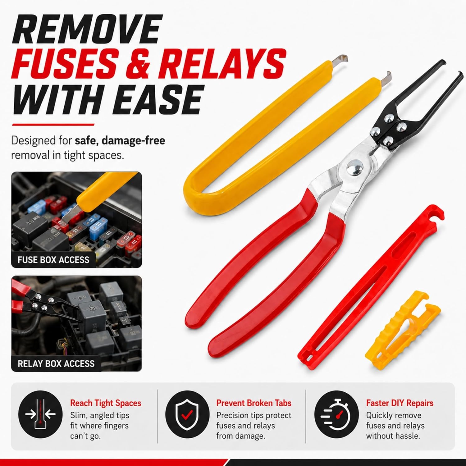 4-Pack Automotive Fuse and Relay Puller Tool Set 304 Stainless Steel Non-Slip Grip, 2 Mini Fuse Removers 2 Large Pliers for Fuse Box Dashboard Tight Spaces Car Truck Motorcycle Boat DIY Mechanics
