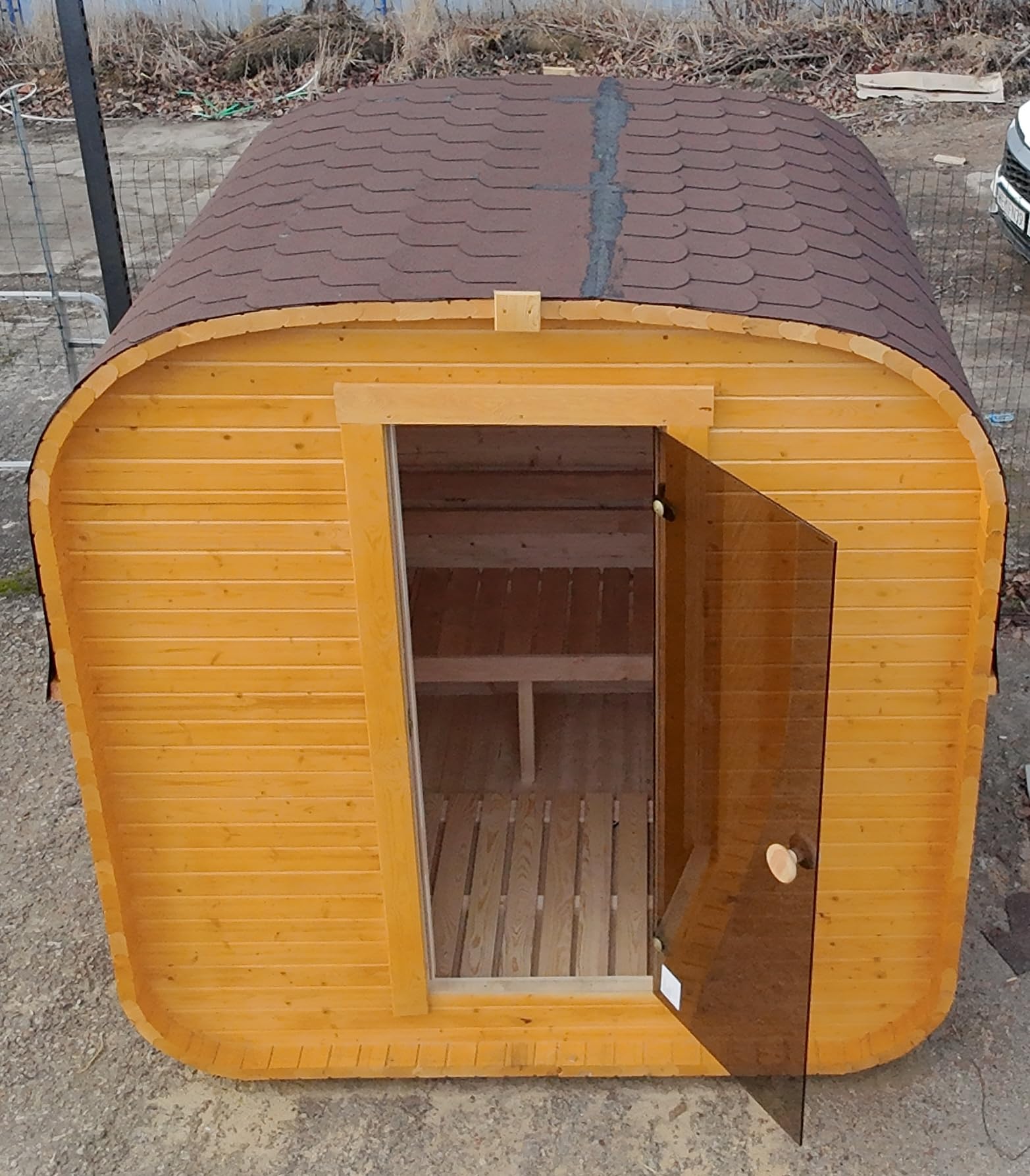 Fasssauna Gartensauna aus Fichtenholz mit Holzofen ETNA – 3-4 Personen