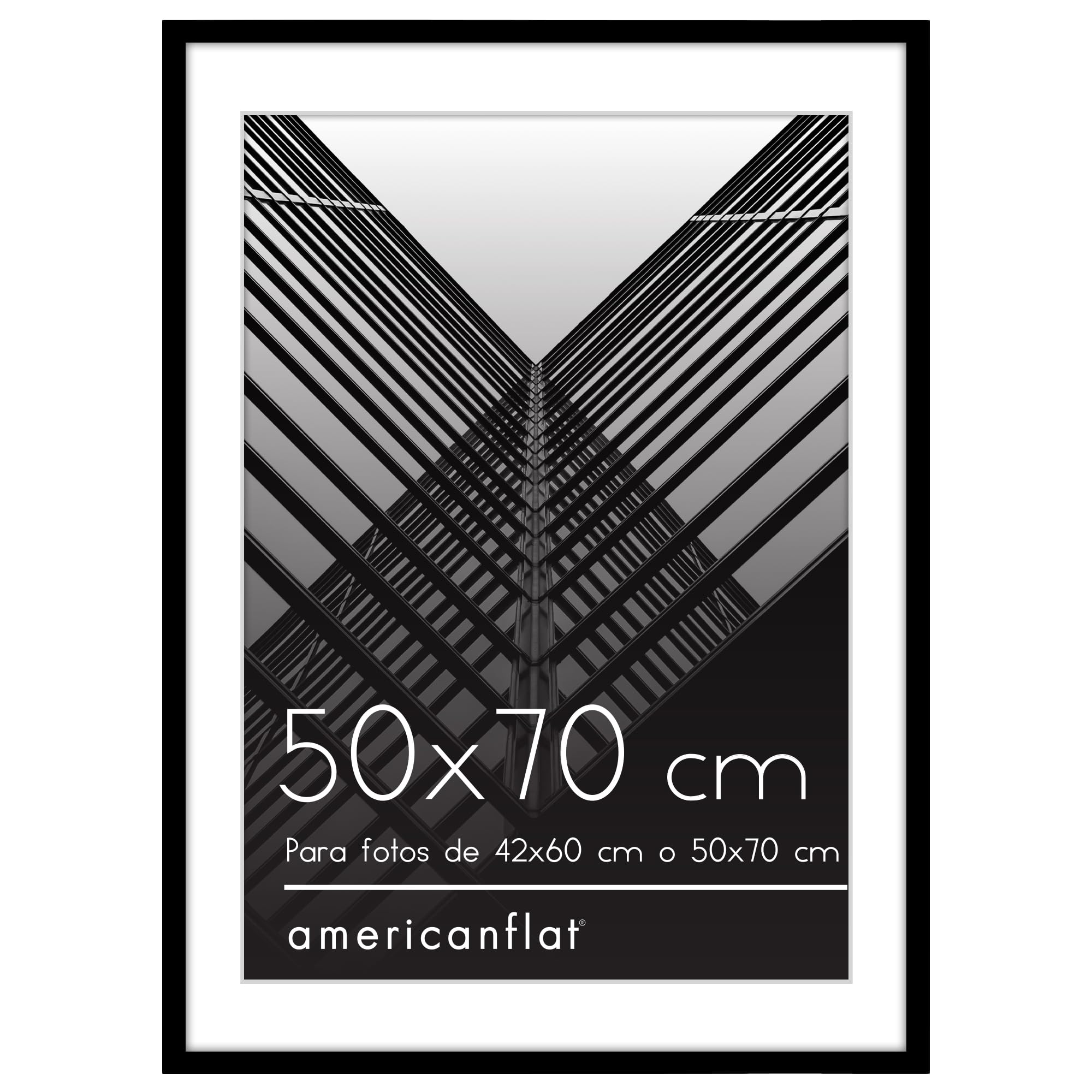 Americanflat Marco de Fotos de 50x70 cm en Negro Marco de 42x60 cm con Paspartú o Marco de 50x70 cm Sin Paspartú Marco de Fotos con Molduras Finas y Plexiglás Horizontal o Vertical Marco Fotos Pared
